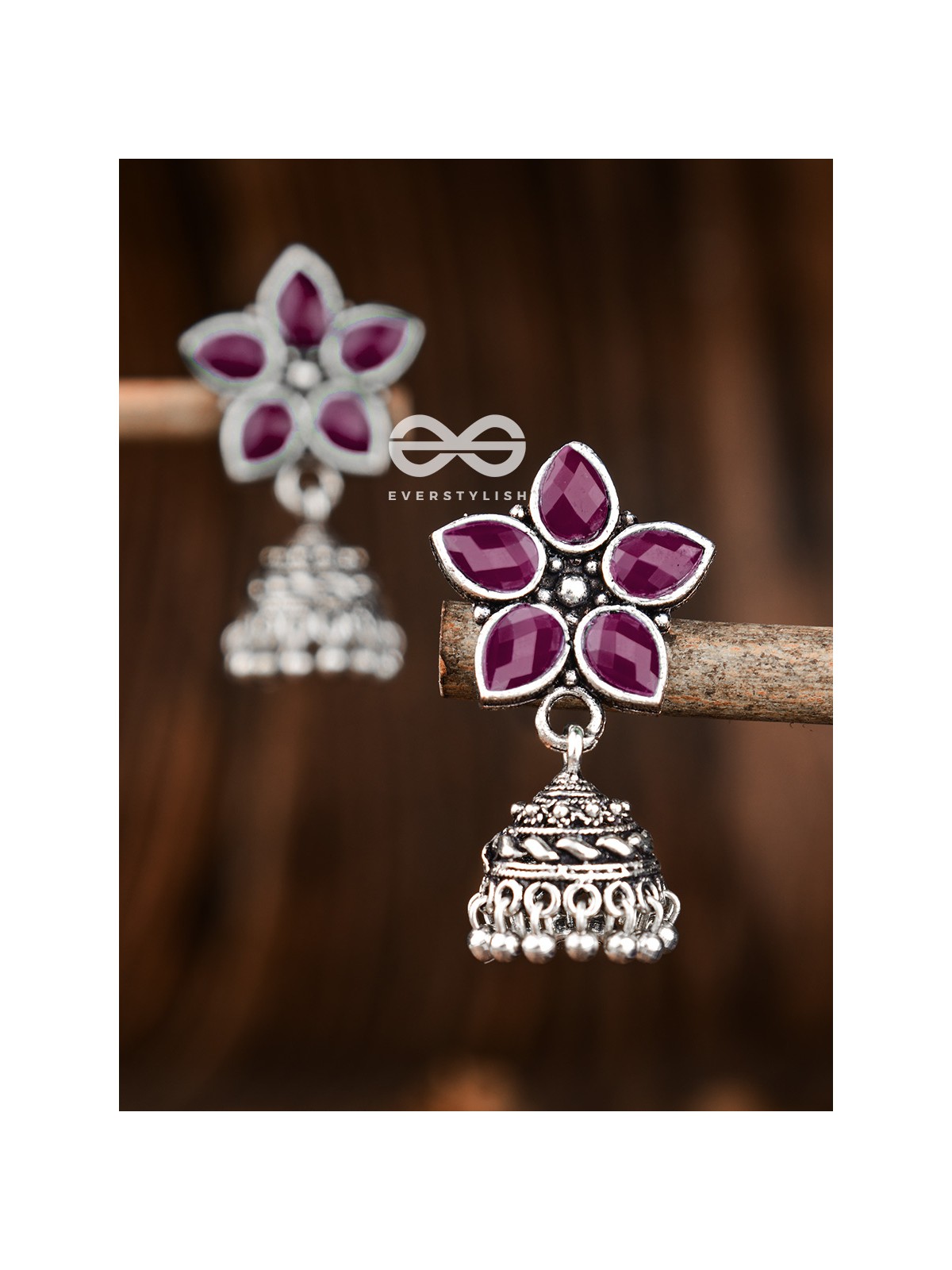 The Glimmering Floral Little Jhumkis (Ruby Red) - The Embellished Oxidised Collection