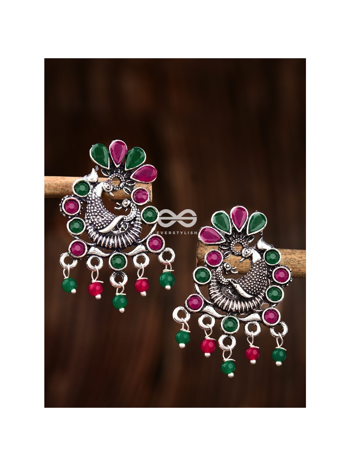 The Dangling Peacock Studs (Ruby Emerald) - Embellished Oxidised Collection