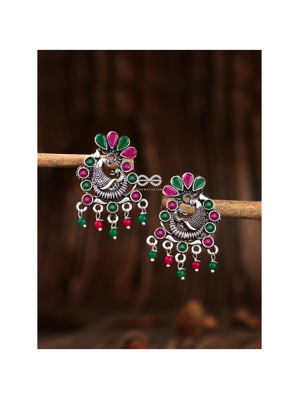 The Dangling Peacock Studs (Ruby Emerald) - Embellished Oxidised Collection