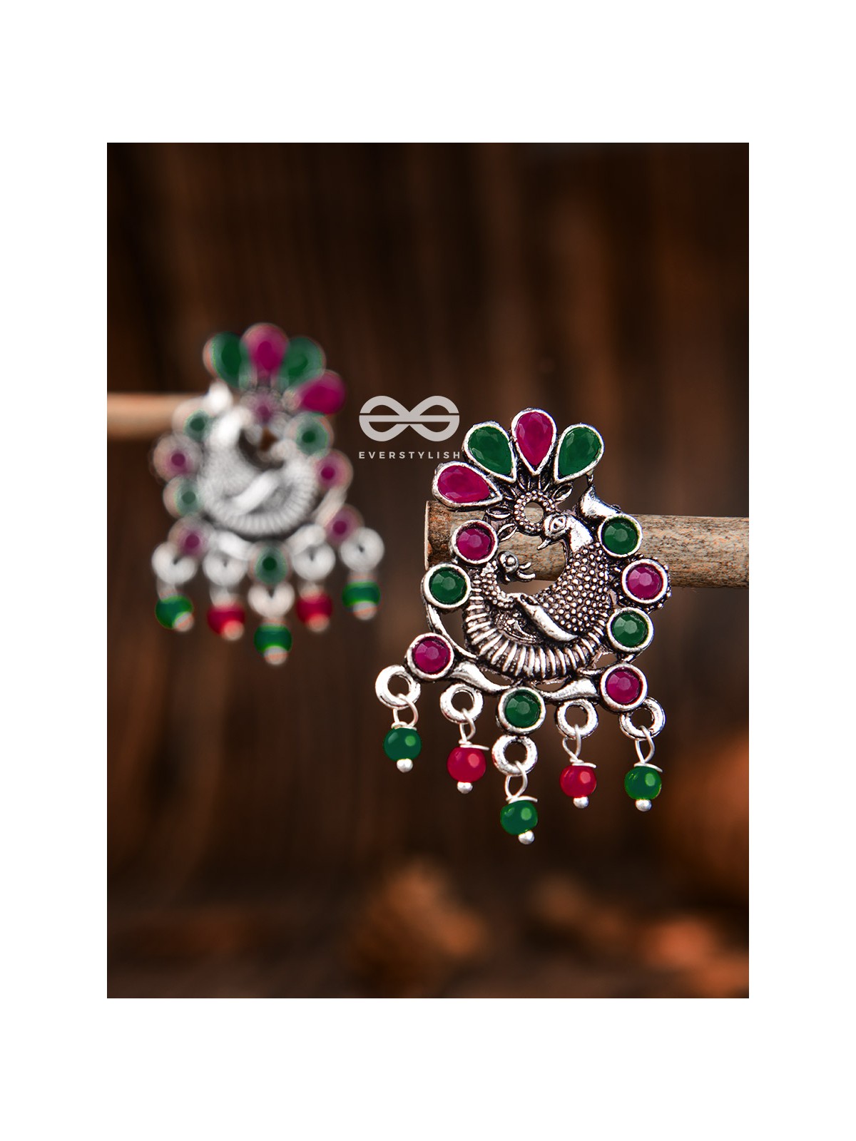The Dangling Peacock Studs (Ruby Emerald) - Embellished Oxidised Collection
