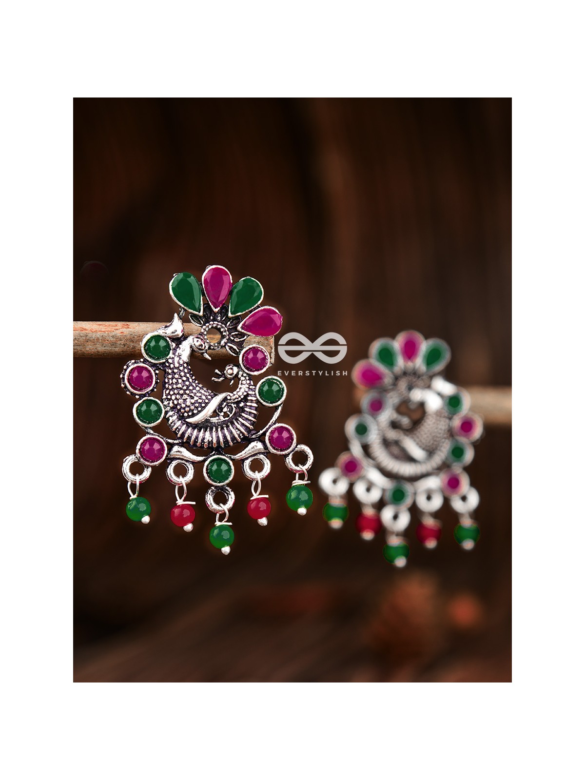 The Dangling Peacock Studs (Ruby Emerald) - Embellished Oxidised Collection