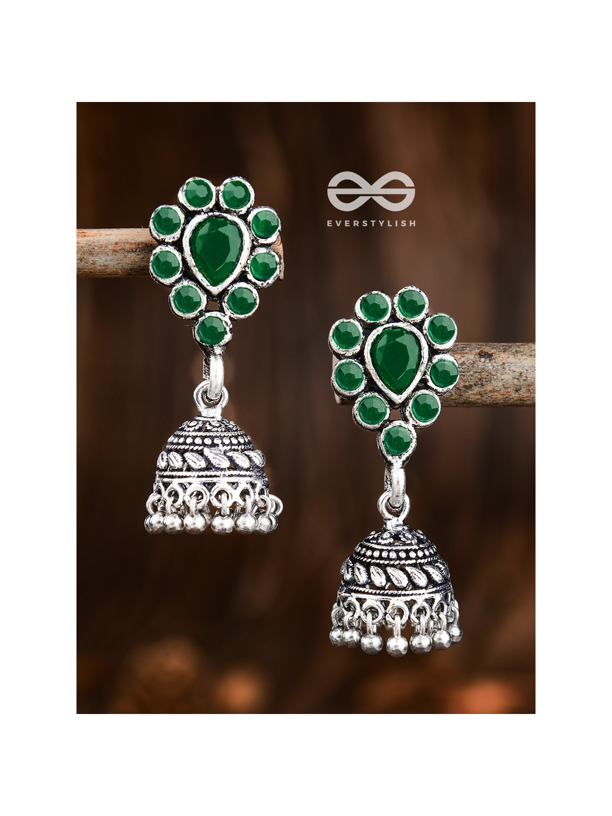 The Shimmery Droplet Jhumkis (Emerald Green) - The Embellished Oxidised Collection