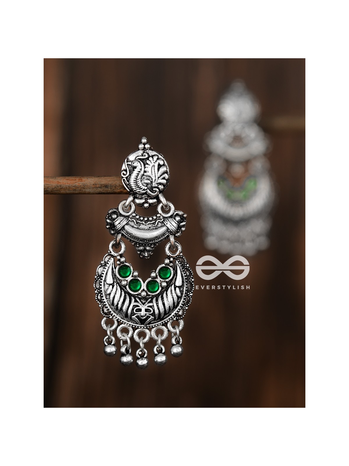 The Artistic Triple Layered Danglers (Emerald Green) - The Embellished Oxidised Collection