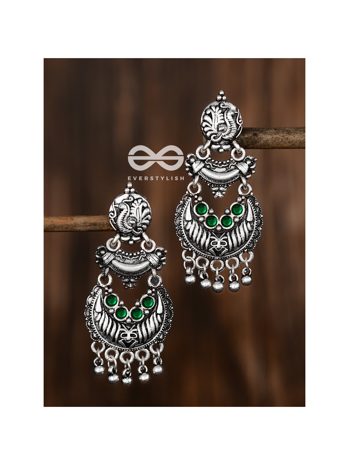 The Artistic Triple Layered Danglers (Emerald Green) - The Embellished Oxidised Collection