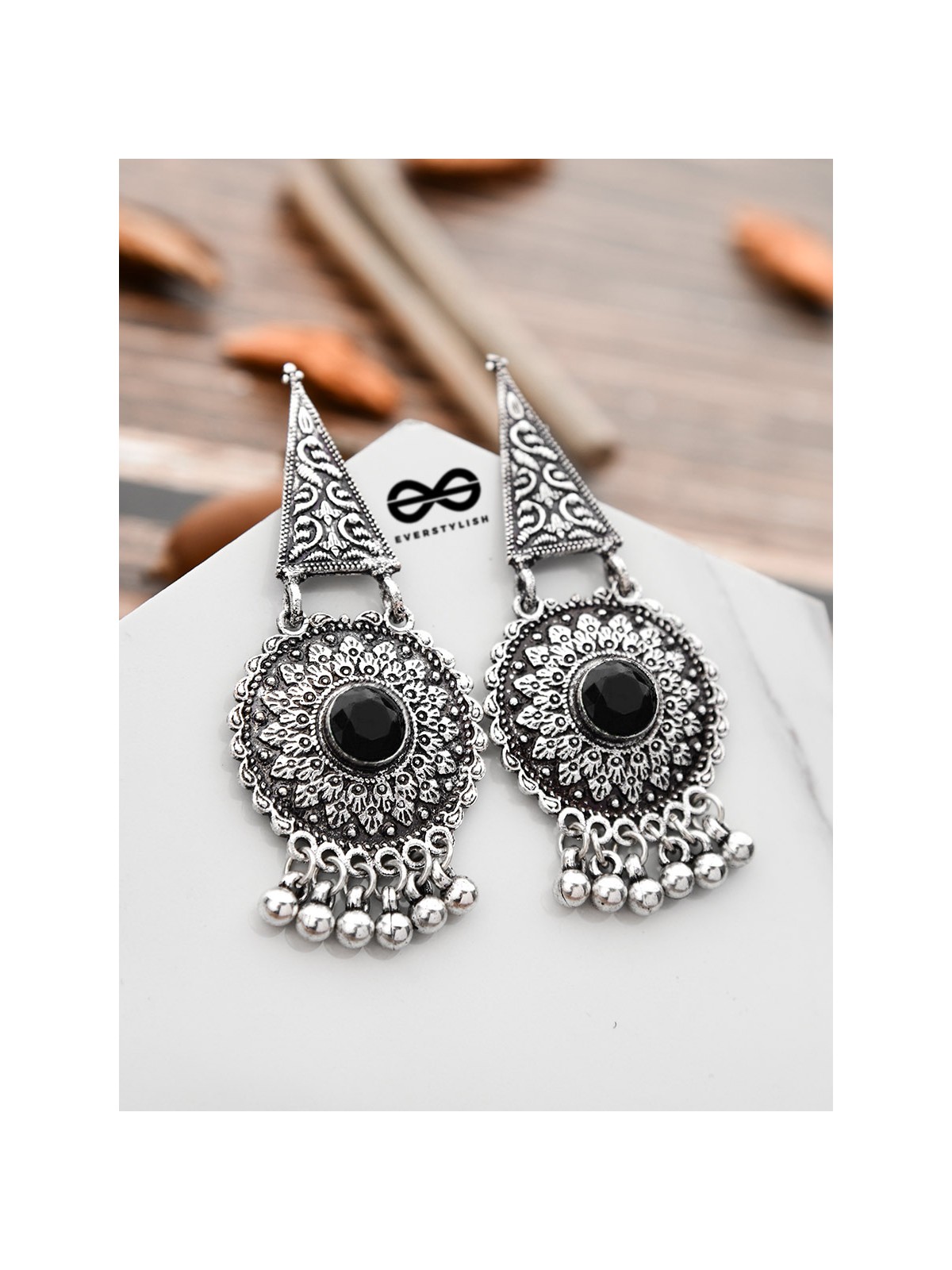 The Embellished Oxidised Collection - Intricate Geometry Earrings- Onyx Black
