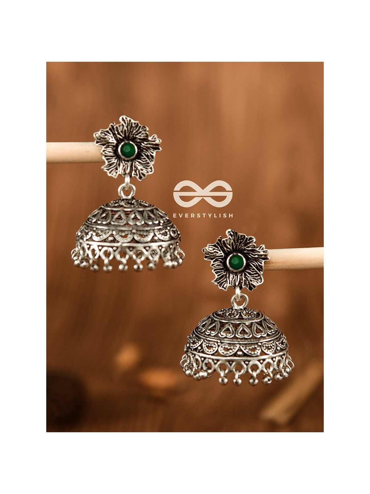 The Large Floral Intricate Jhumkas (Emerald Green) - Embellished Oxidised Collection