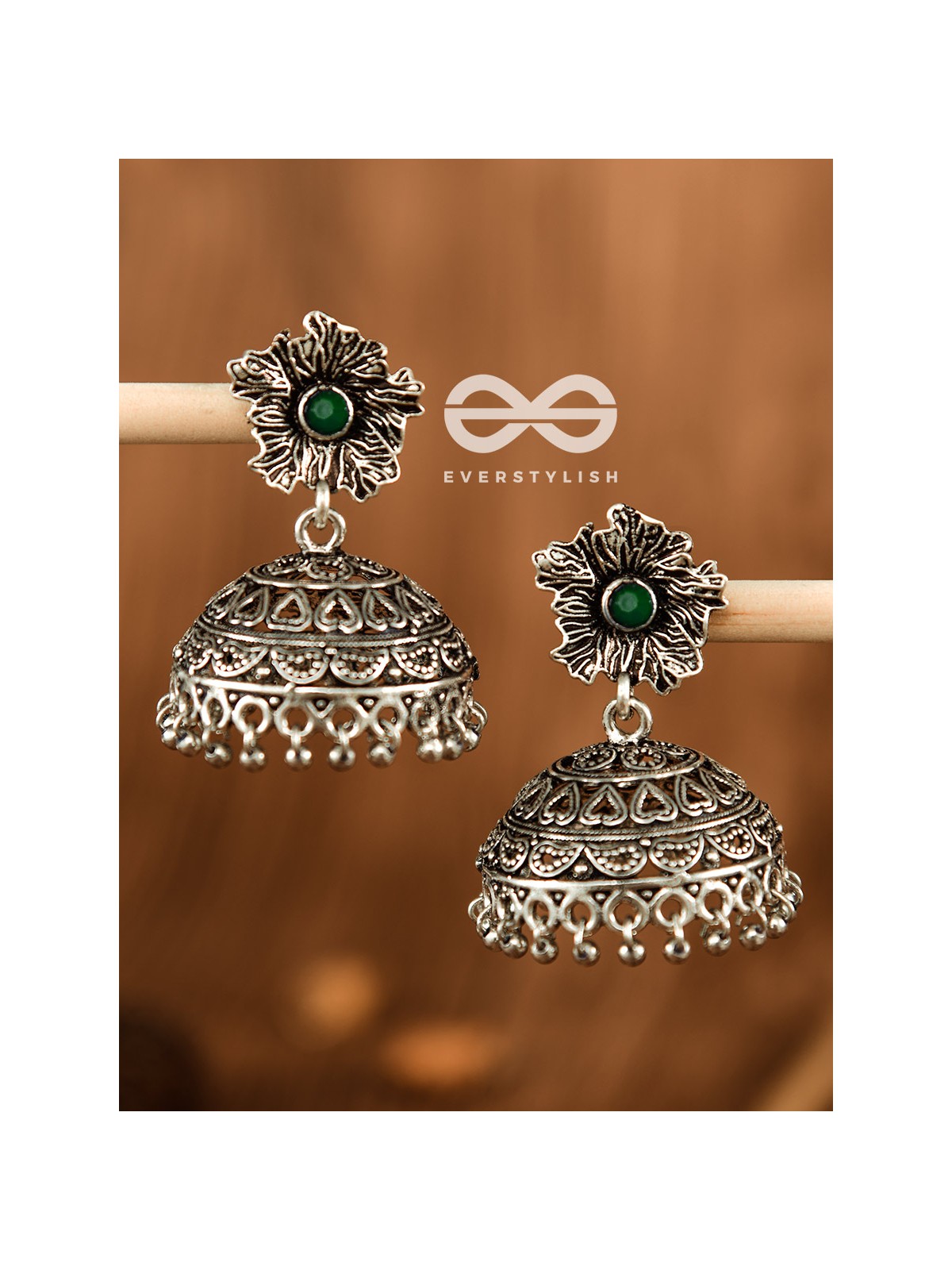 The Large Floral Intricate Jhumkas (Emerald Green) - Embellished Oxidised Collection