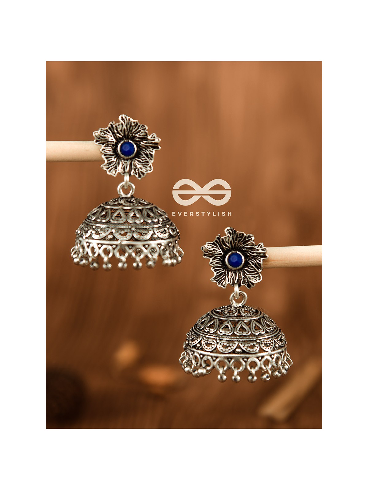 The Large Floral Intricate Jhumkas (Sapphire Blue) - Embellished Oxidised Collection