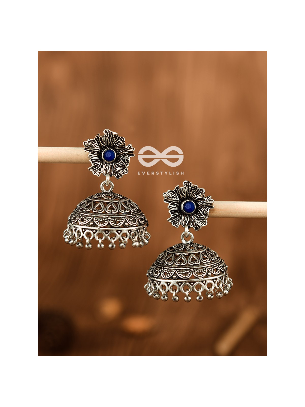 The Large Floral Intricate Jhumkas (Sapphire Blue) - Embellished Oxidised Collection