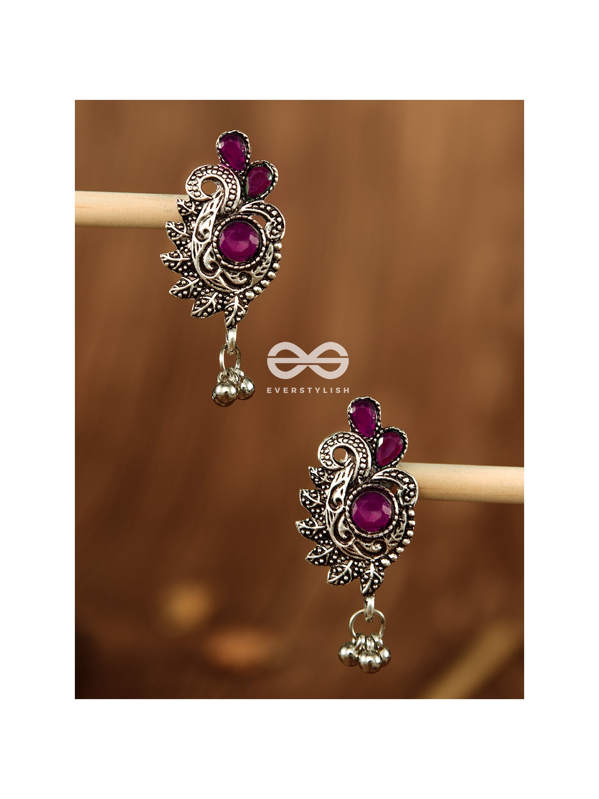 The Shimmery Motif Studs (Maroon) - Embellished Oxidised Collection