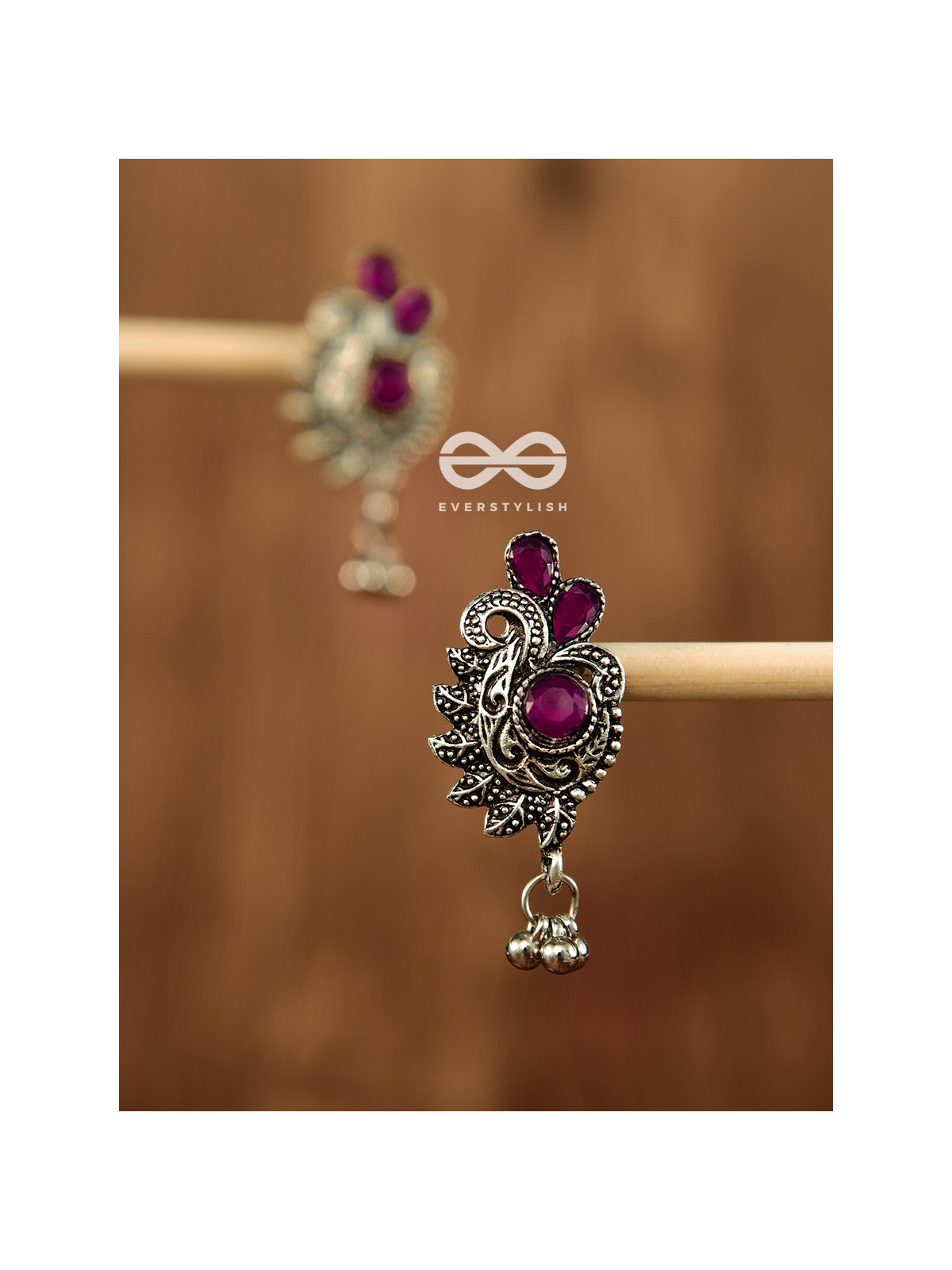 The Shimmery Motif Studs (Maroon) - Embellished Oxidised Collection