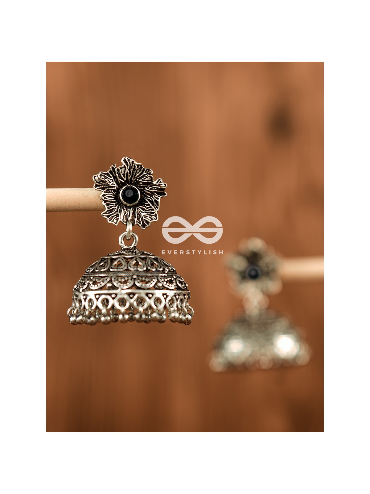 The Large Floral Intricate Jhumkas (Black) - Embellished Oxidised Collection