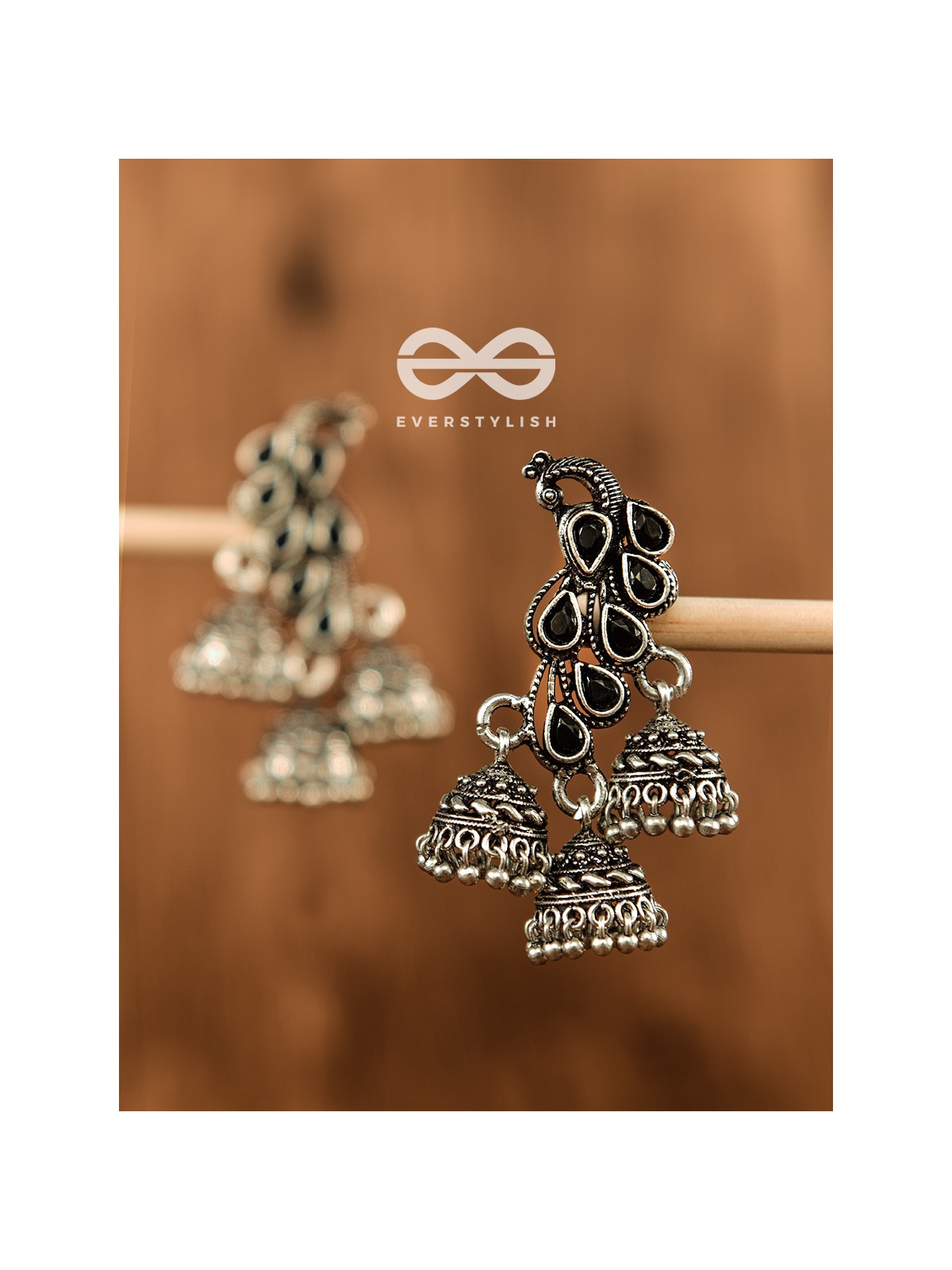 The Elegant Triple Jhumki Peacocks (Onyx Black) - Embellished Oxidised Collection