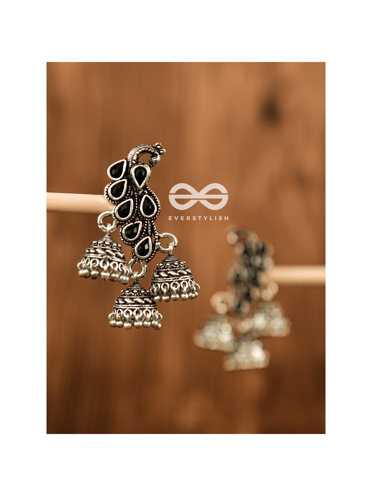 The Elegant Triple Jhumki Peacocks (Onyx Black) - Embellished Oxidised Collection