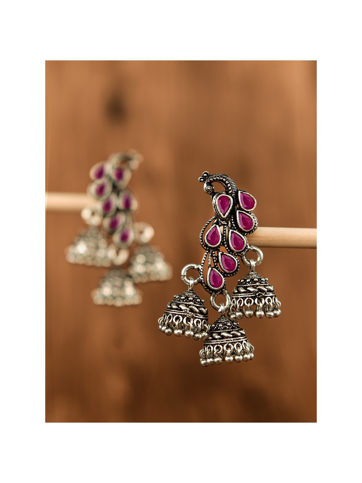 The Elegant Triple Jhumki Peacocks (Ruby Red) - Embellished Oxidised Collection