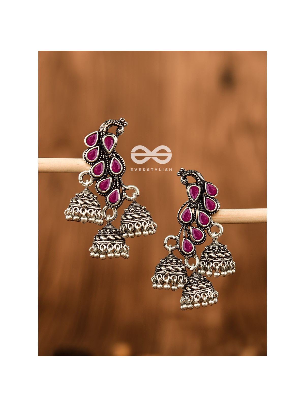 The Elegant Triple Jhumki Peacocks (Ruby Red) - Embellished Oxidised Collection