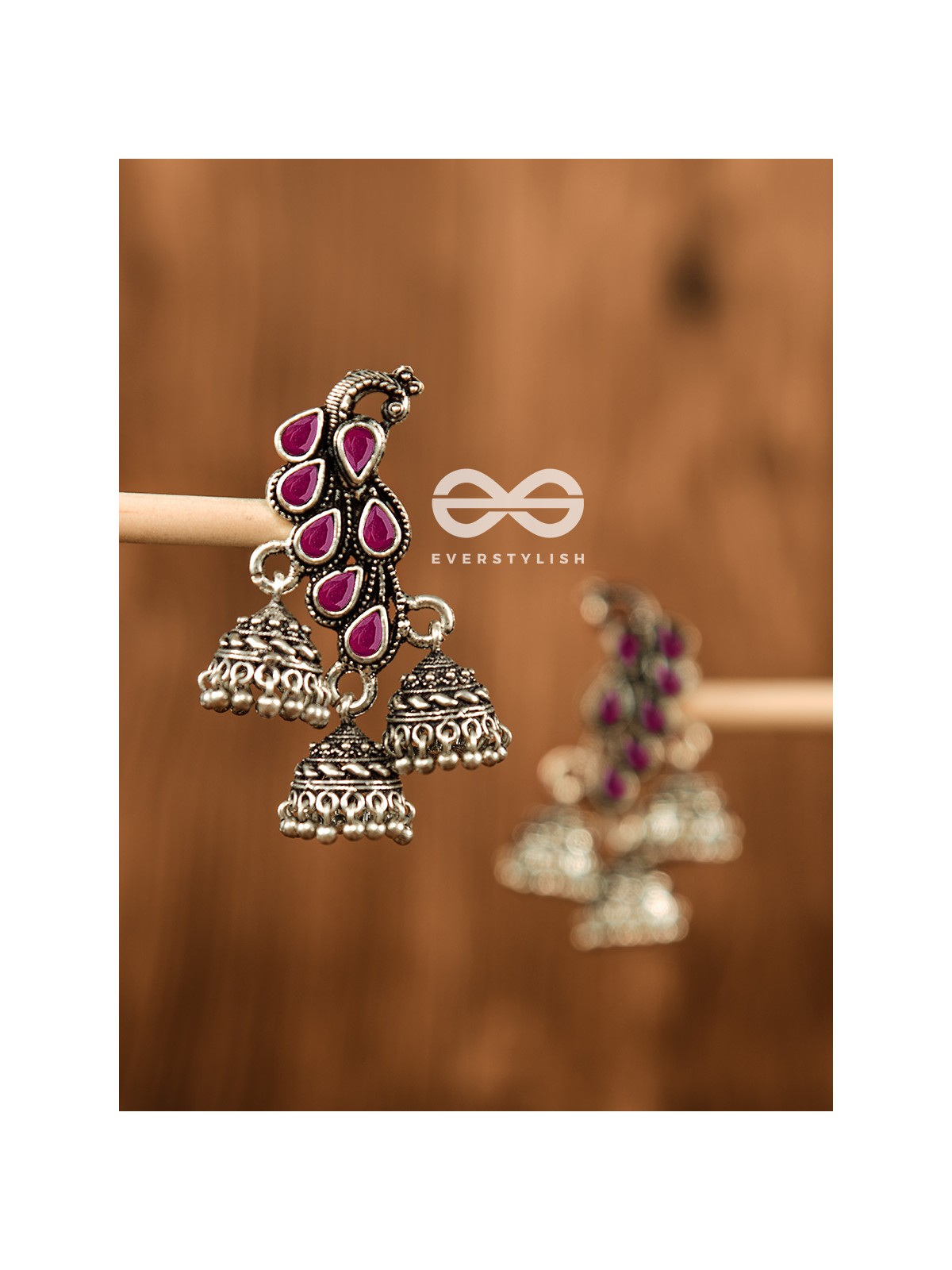 The Elegant Triple Jhumki Peacocks (Ruby Red) - Embellished Oxidised Collection