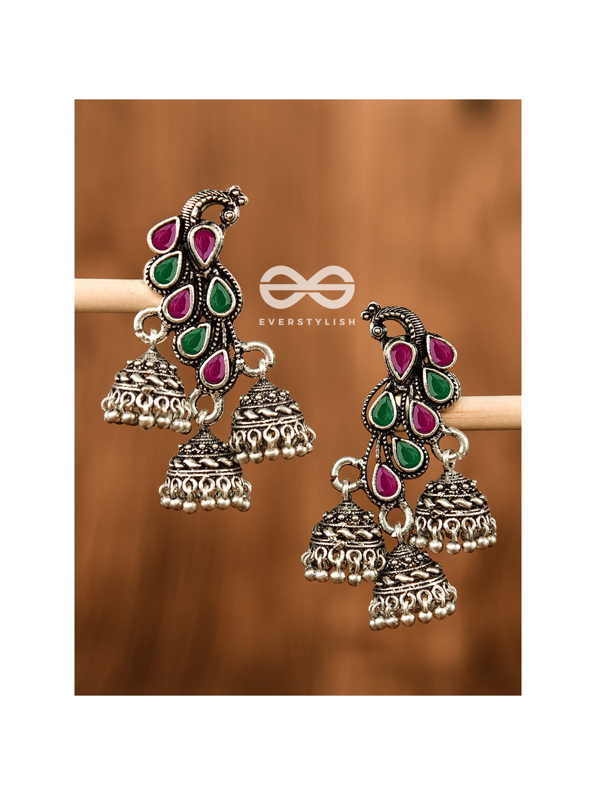 The Elegant Triple Jhumki Peacocks (Ruby-Emerald) - Embellished Oxidised Collection
