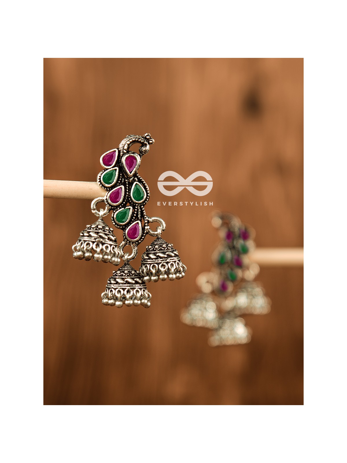 The Elegant Triple Jhumki Peacocks (Ruby-Emerald) - Embellished Oxidised Collection