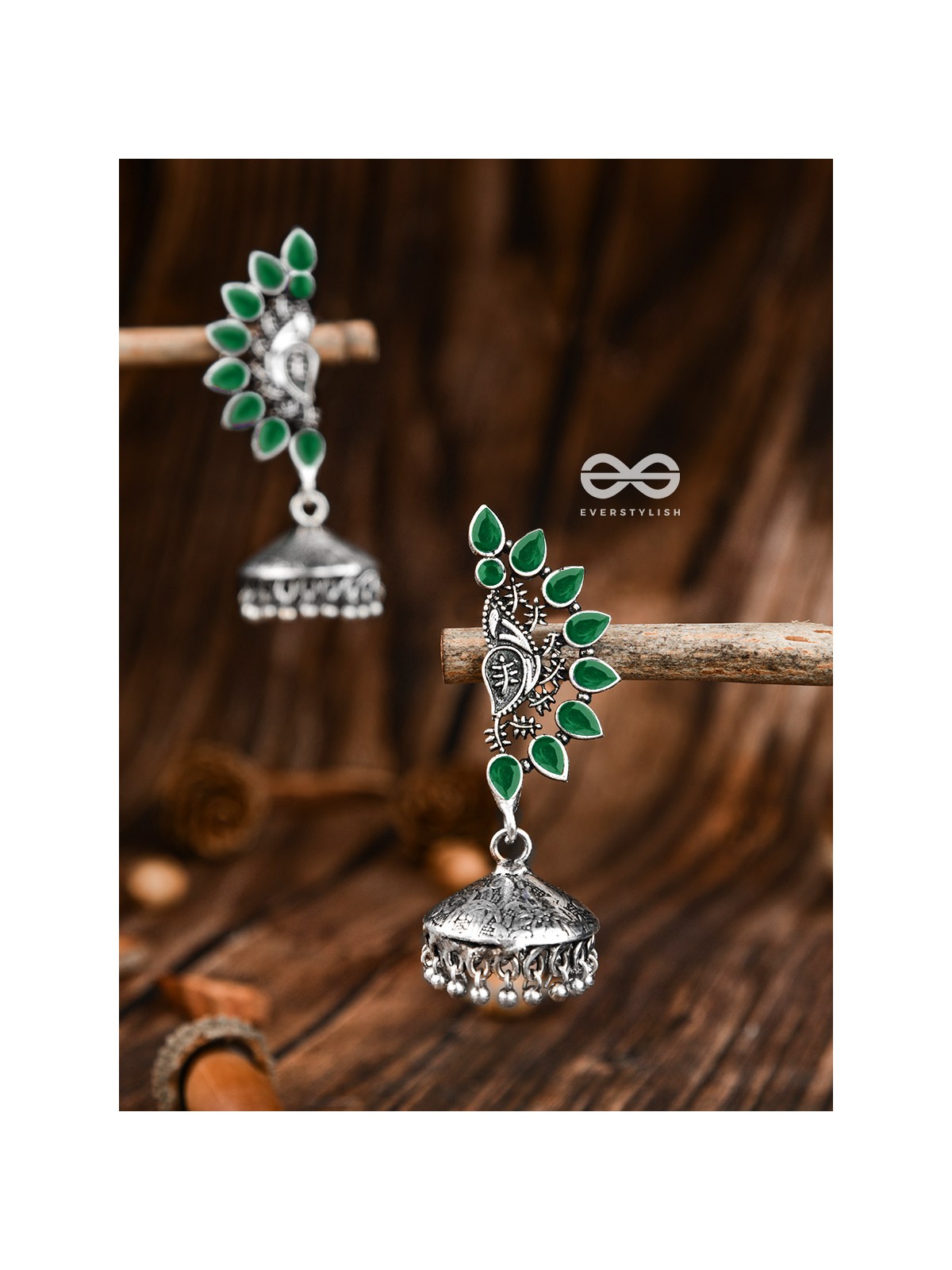The Bohemian Elegance Floral Jhumkis (Emerald) - Oxidised Embellished Collection