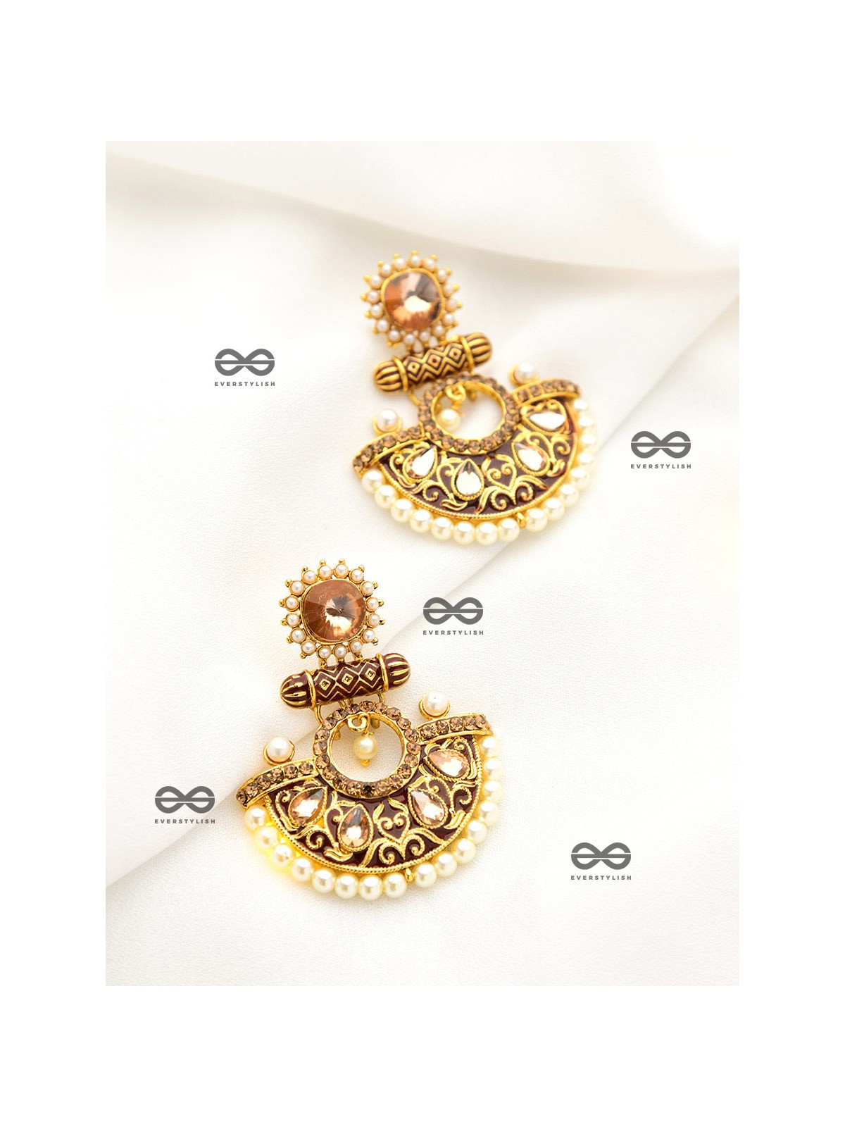 The Marvellous Meenakari Collection - Mehr Earrings - Brown-White
