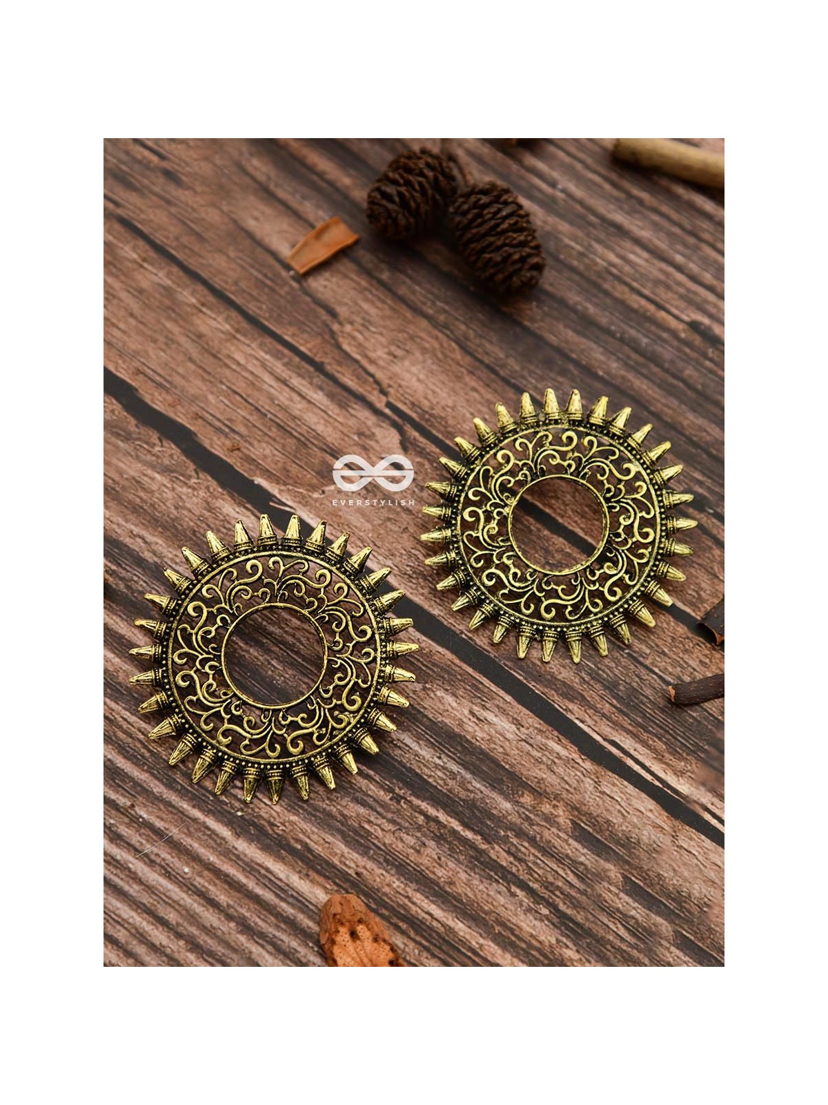 The Motif Sun Oxidised Boho Earrings (Golden)