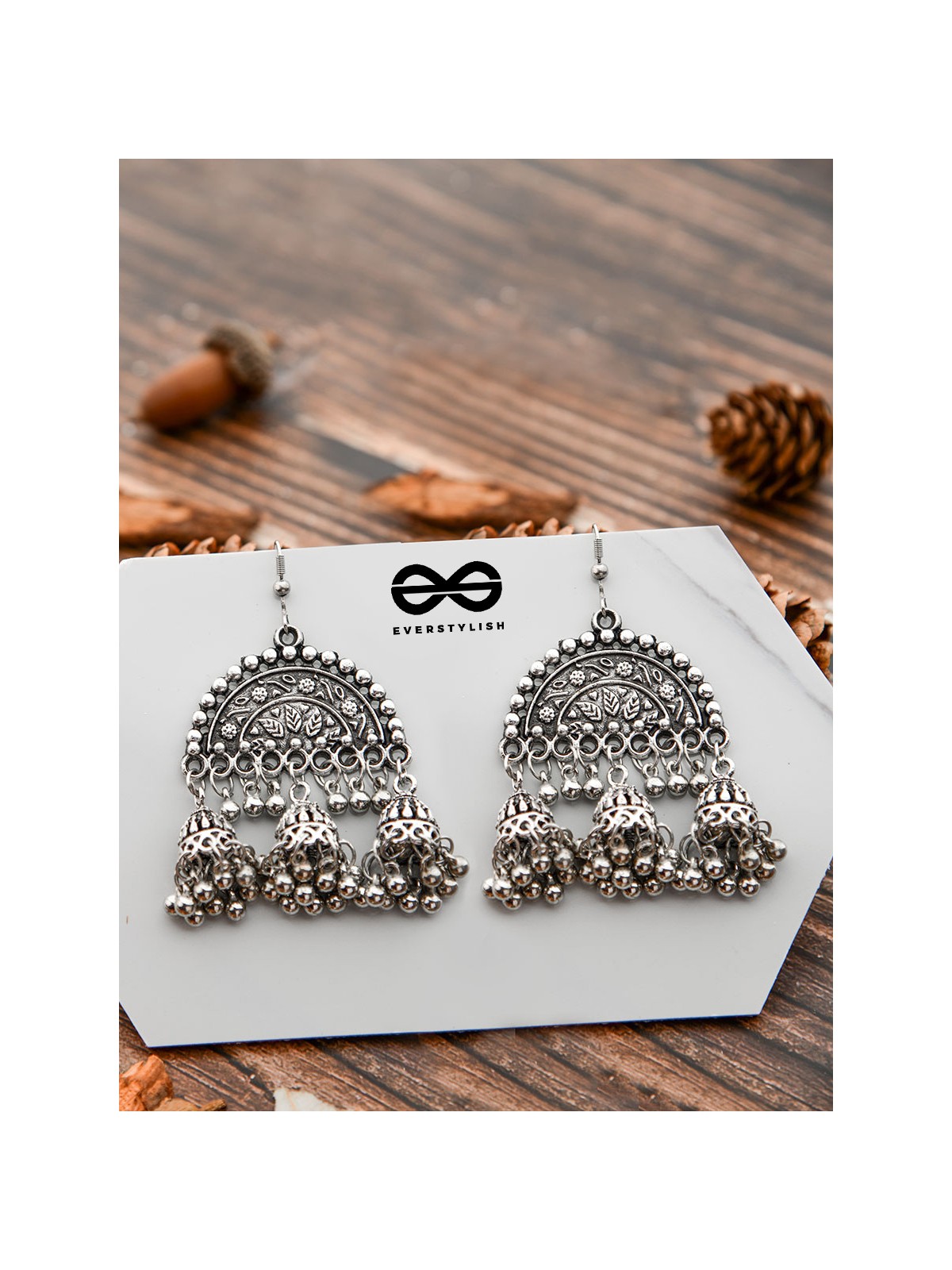 The Motif Moon Jhumkis - Oxidised Boho Earrings