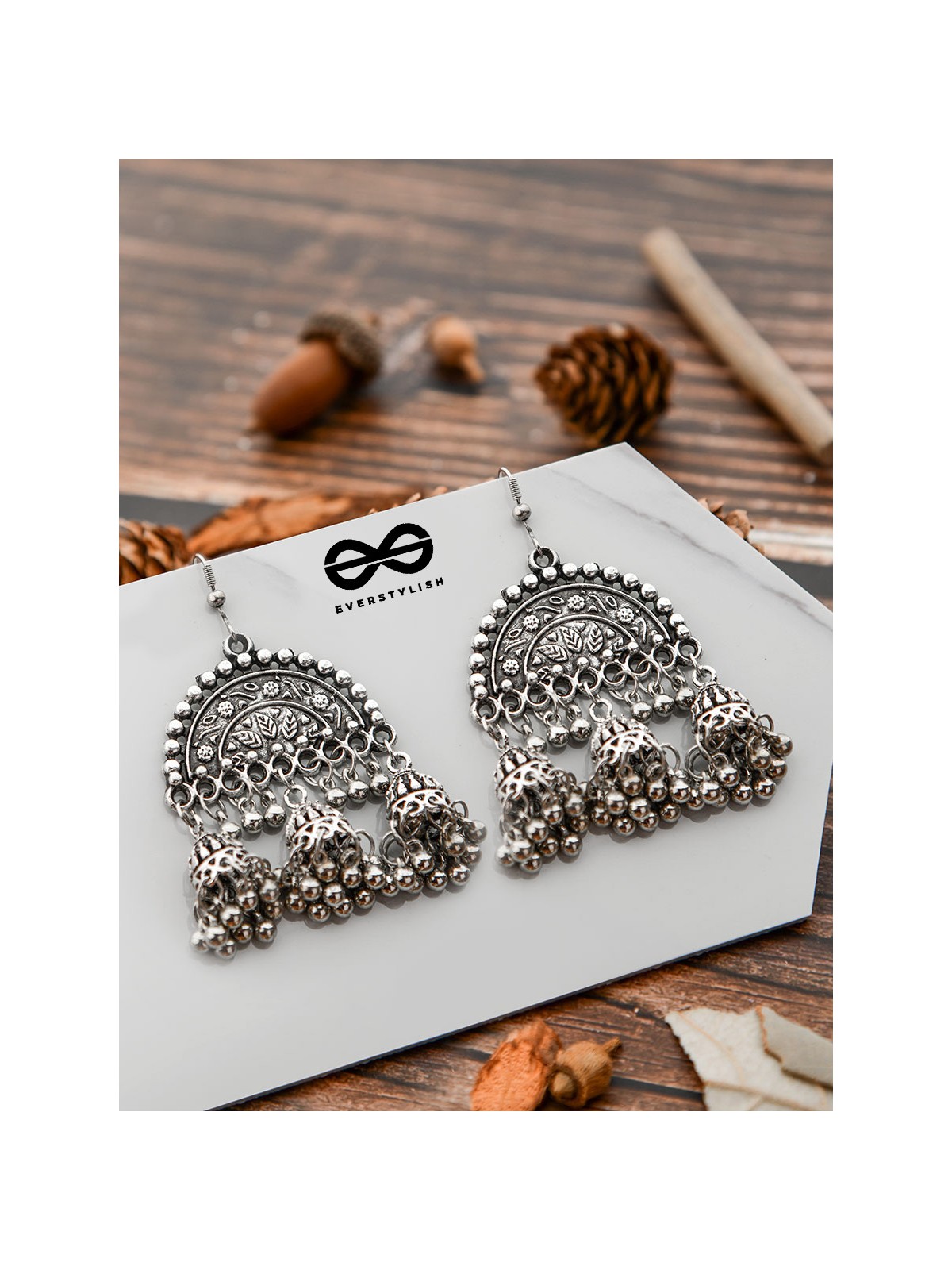 The Motif Moon Jhumkis - Oxidised Boho Earrings