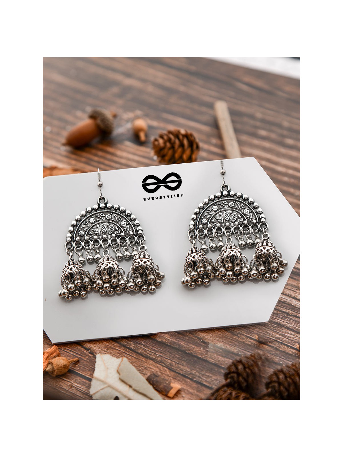 The Motif Moon Jhumkis - Oxidised Boho Earrings