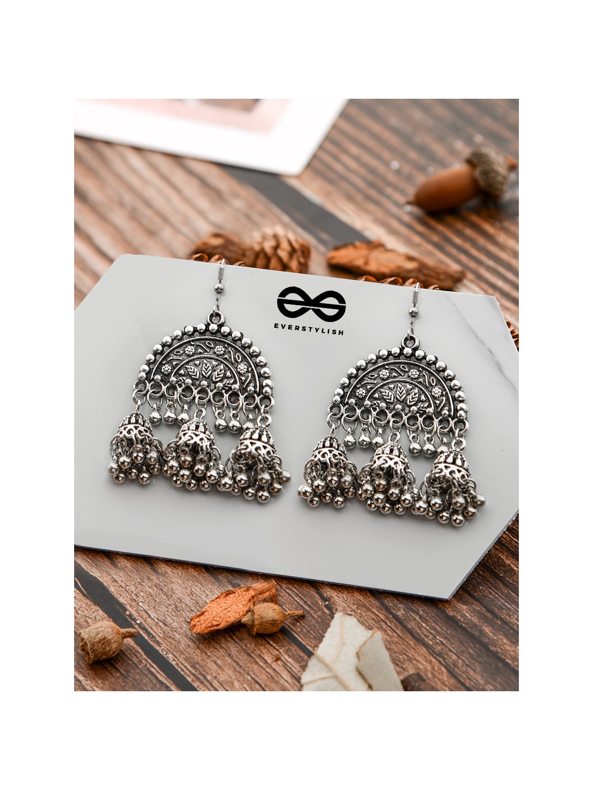 The Motif Moon Jhumkis - Oxidised Boho Earrings