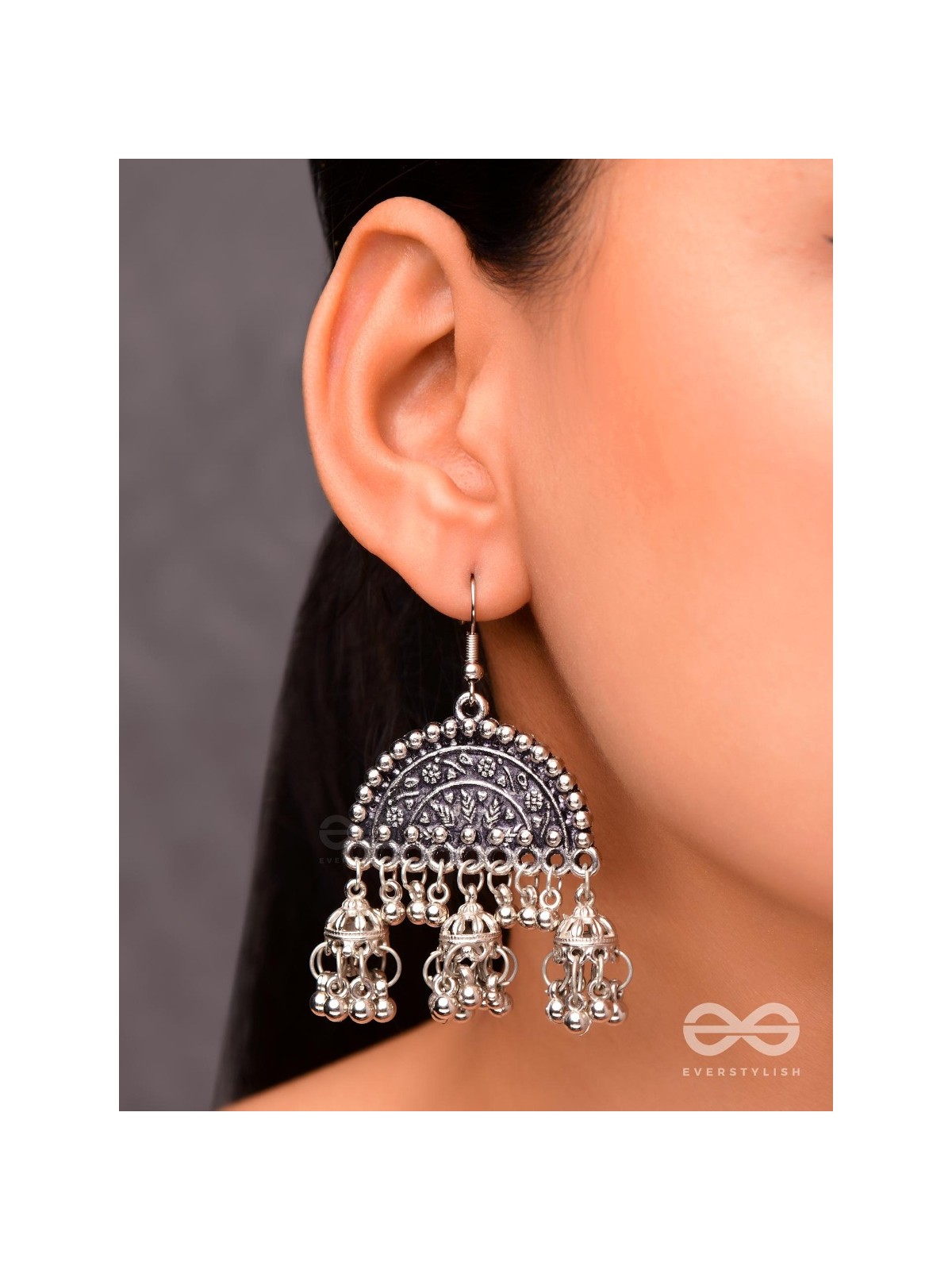 The Motif Moon Jhumkis - Oxidised Boho Earrings