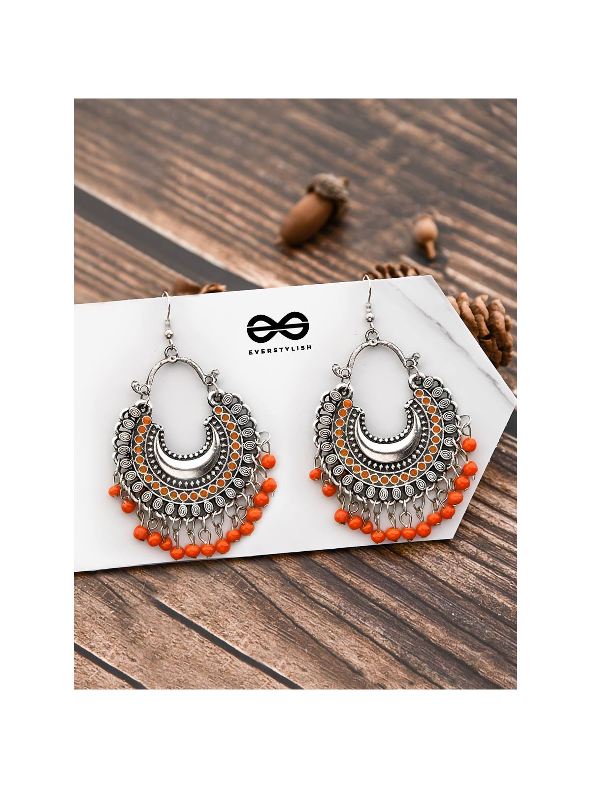 The Motif Moon - Oxidised Chandbali Earrings (Orange)