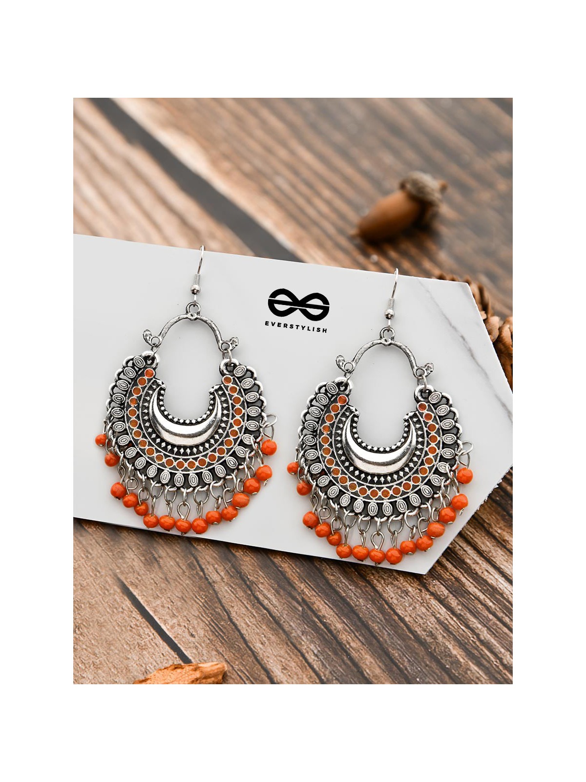 The Motif Moon - Oxidised Chandbali Earrings (Orange)