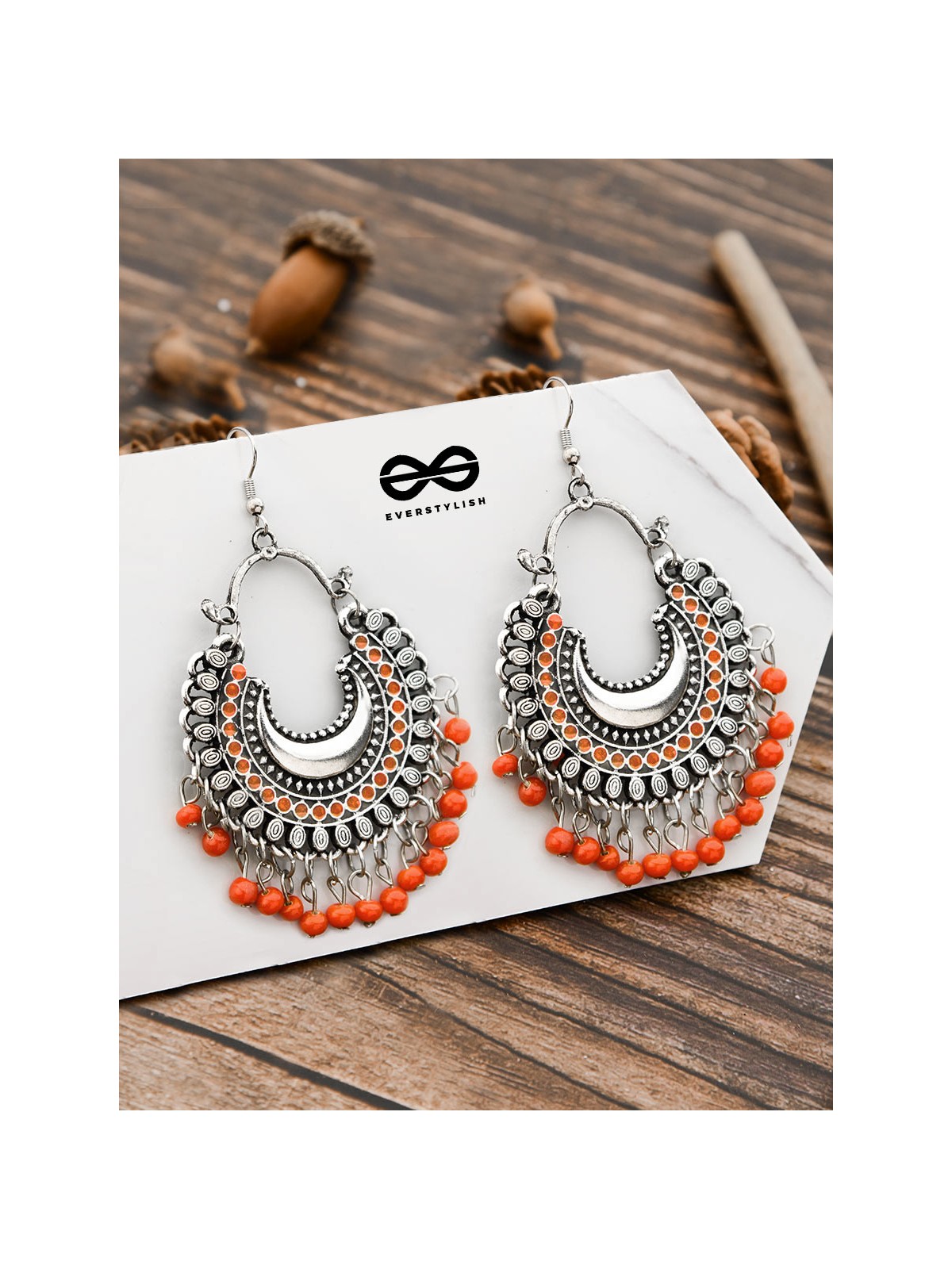 The Motif Moon - Oxidised Chandbali Earrings (Orange)
