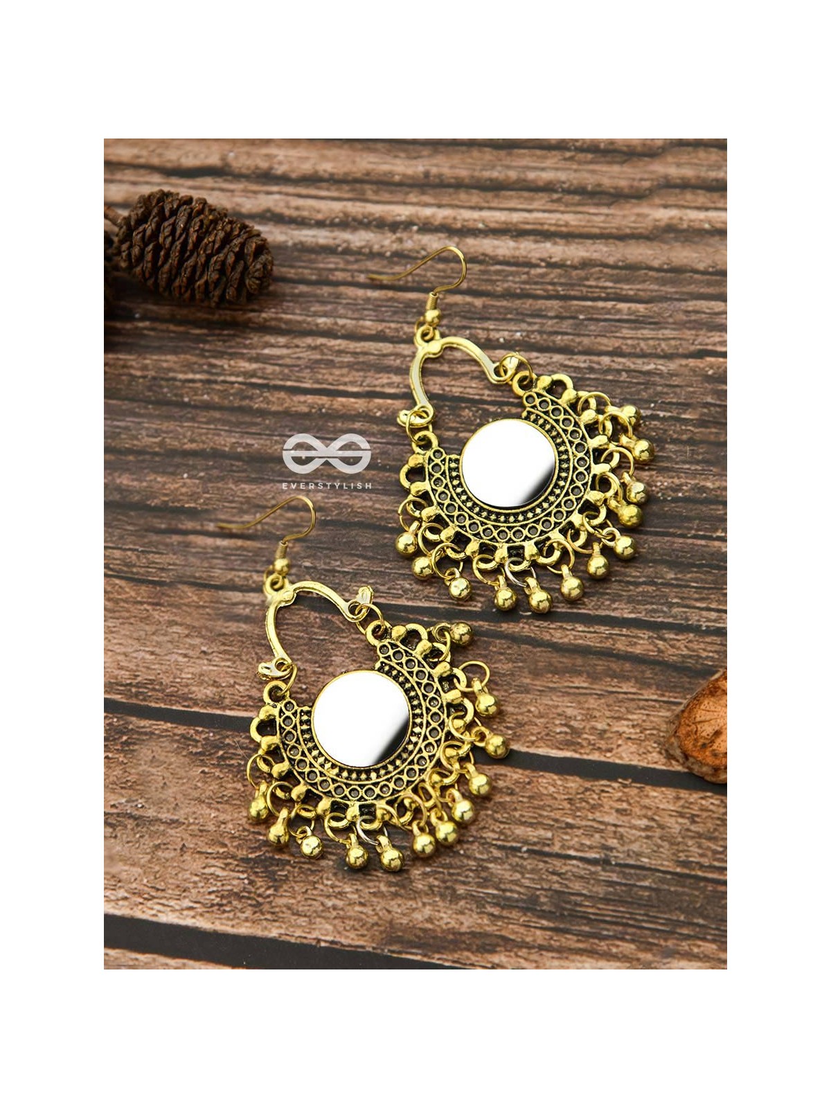 Motif Mirrors on My Ears - Oxidised Boho Earrings - Golden