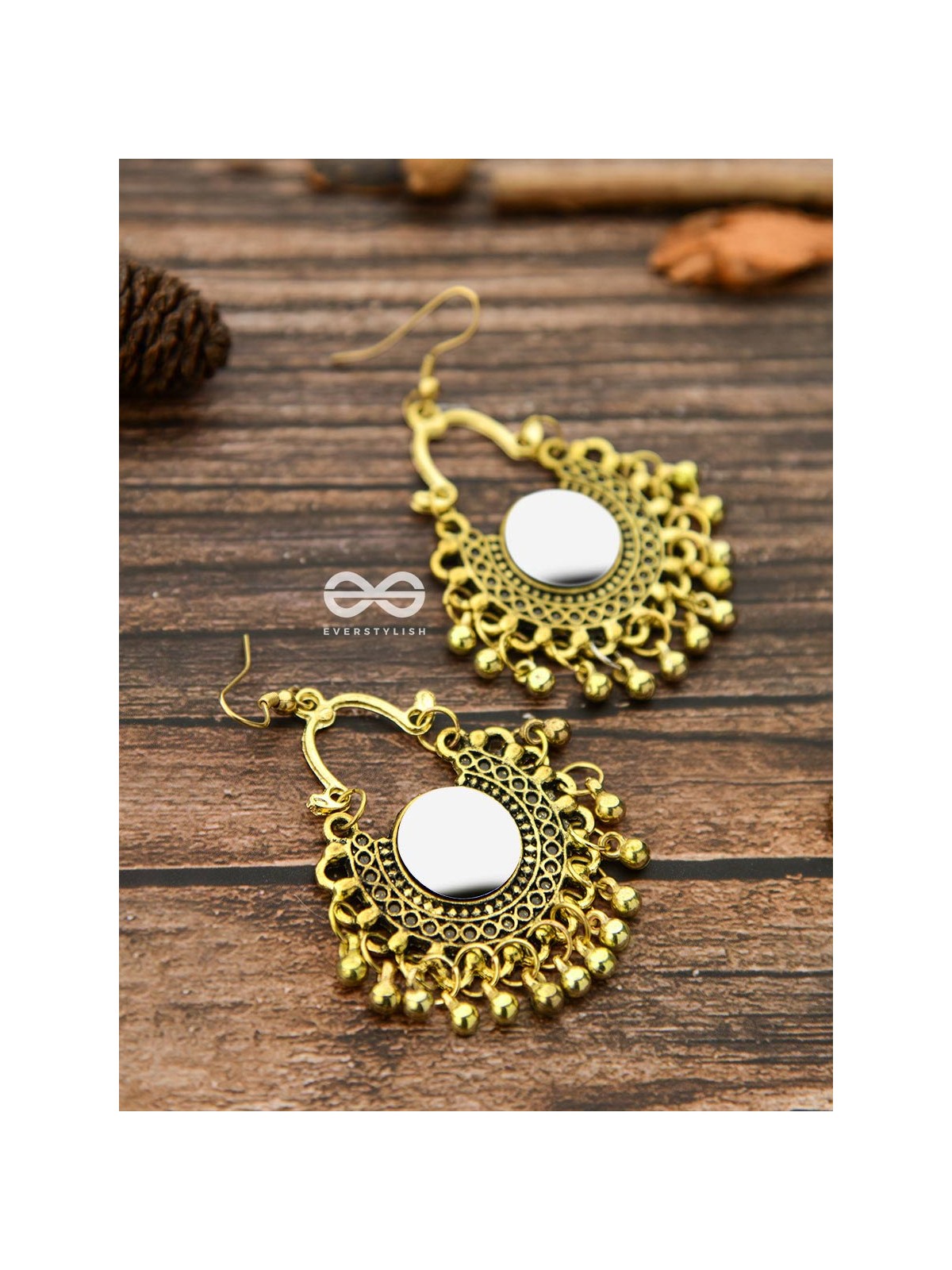 Motif Mirrors on My Ears - Oxidised Boho Earrings - Golden