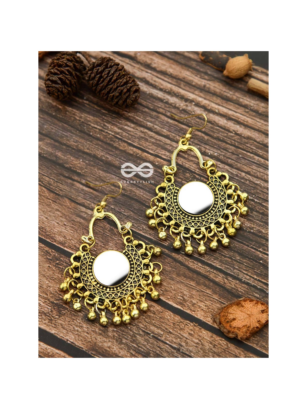 Motif Mirrors on My Ears - Oxidised Boho Earrings - Golden