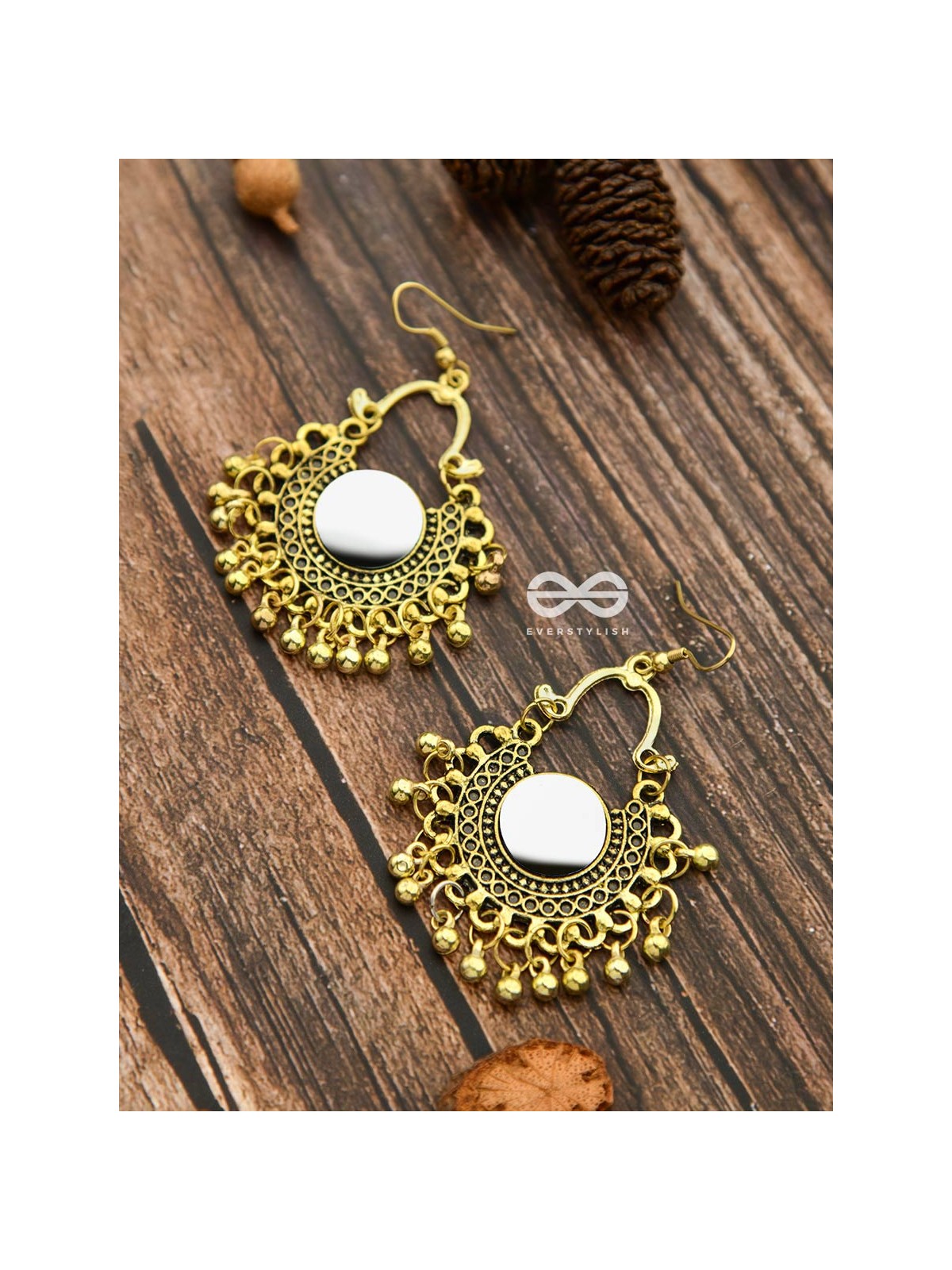 Motif Mirrors on My Ears - Oxidised Boho Earrings - Golden