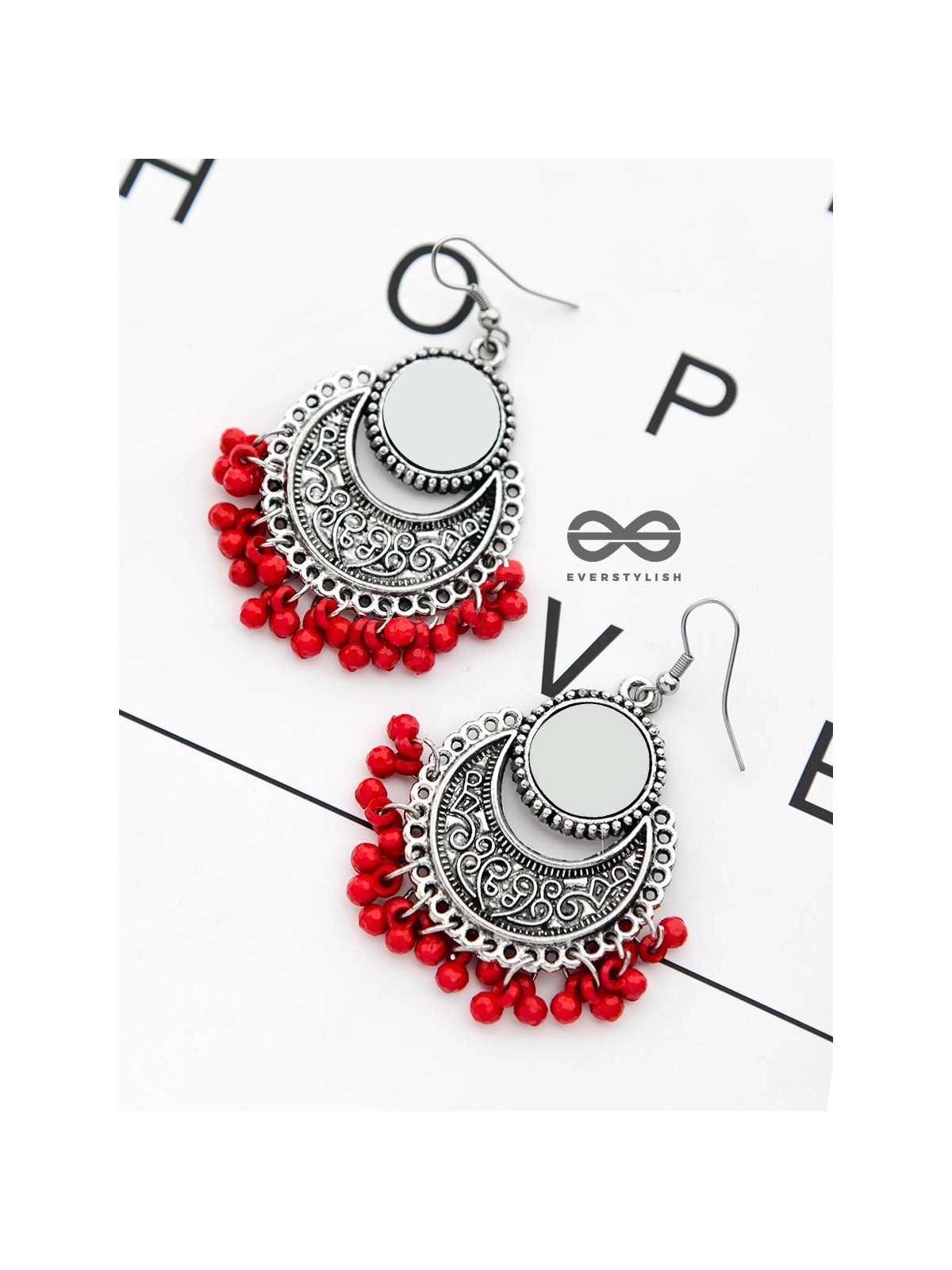 The Mirror Motifs - Oxidised Boho Earrings - Red