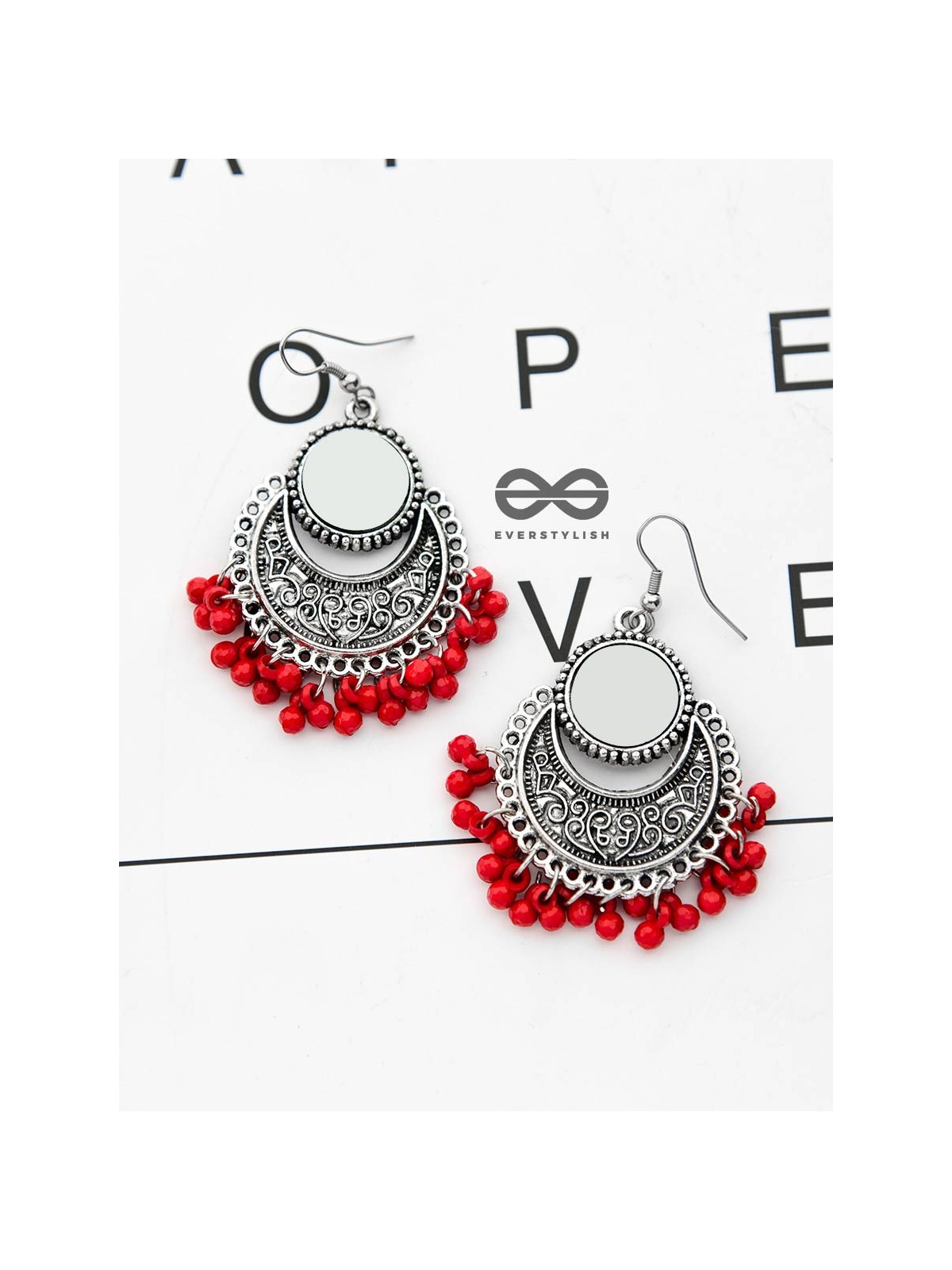 The Mirror Motifs - Oxidised Boho Earrings - Red