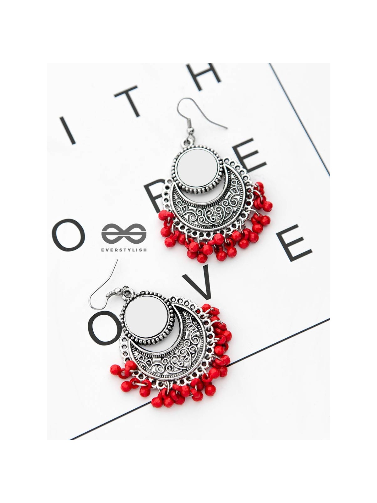 The Mirror Motifs - Oxidised Boho Earrings - Red