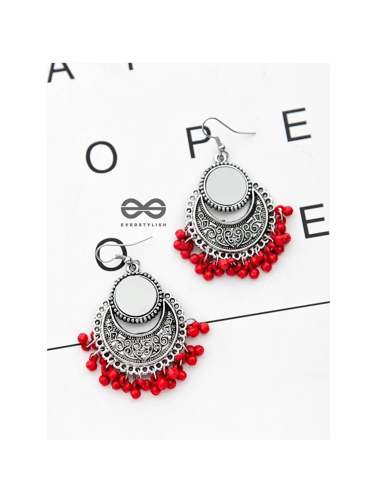 The Mirror Motifs - Oxidised Boho Earrings - Red
