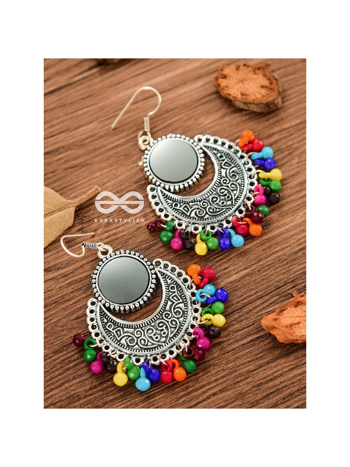 The Mirror Motifs- Oxidised Boho Earrings - Silver Multicolour