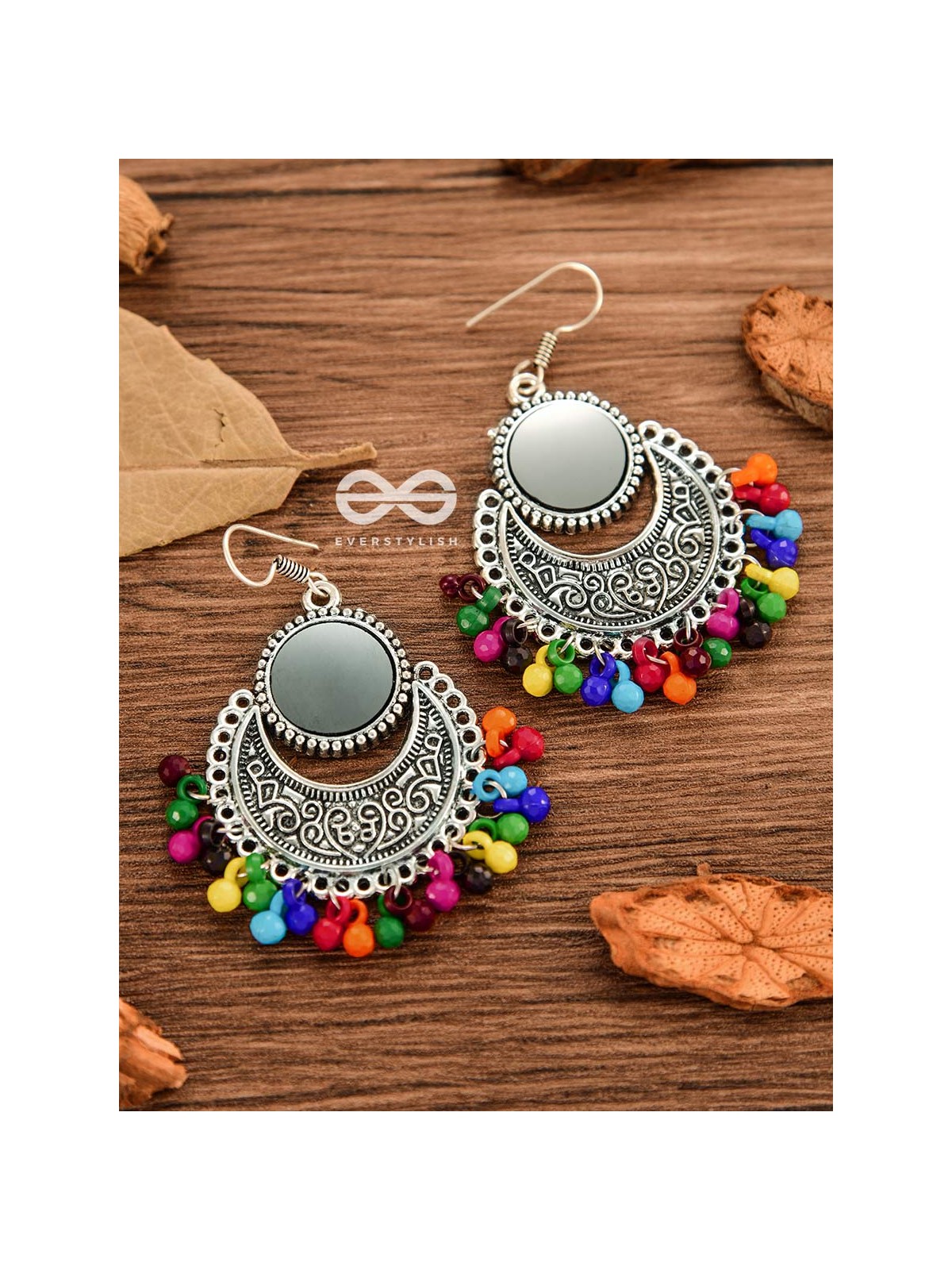 The Mirror Motifs- Oxidised Boho Earrings - Silver Multicolour