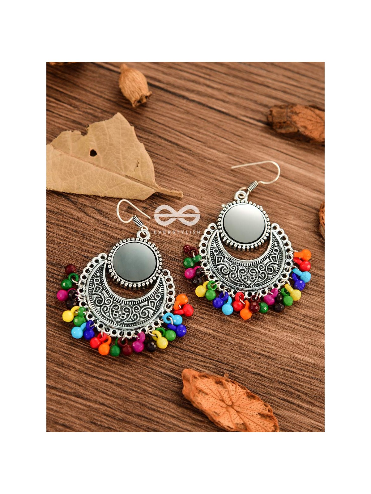 The Mirror Motifs- Oxidised Boho Earrings - Silver Multicolour