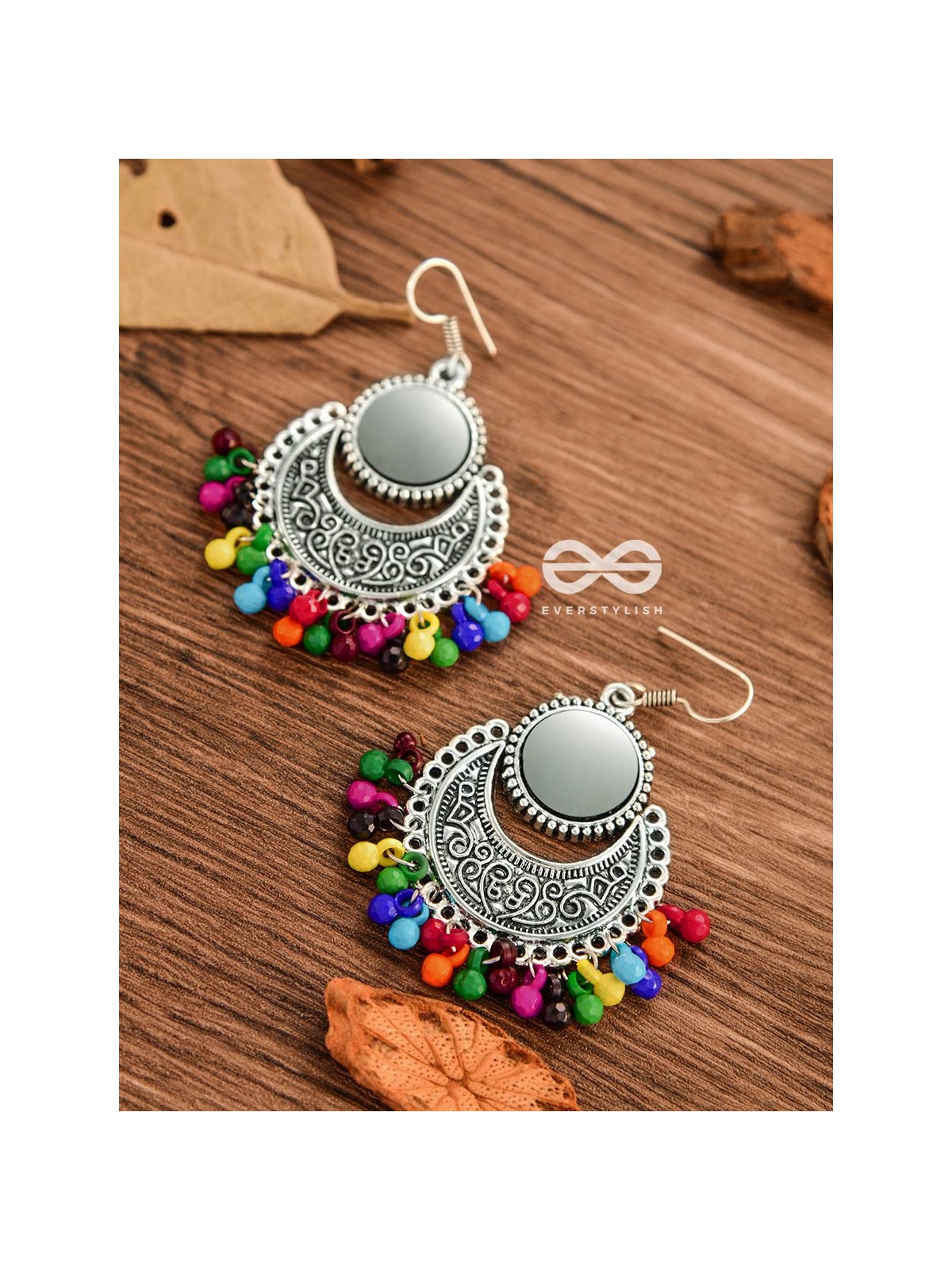 The Mirror Motifs- Oxidised Boho Earrings - Silver Multicolour