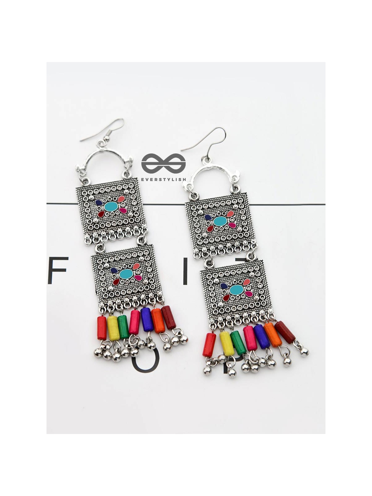 The Double Embellished Trunks - Oxidised Boho Earrings - Multicolour