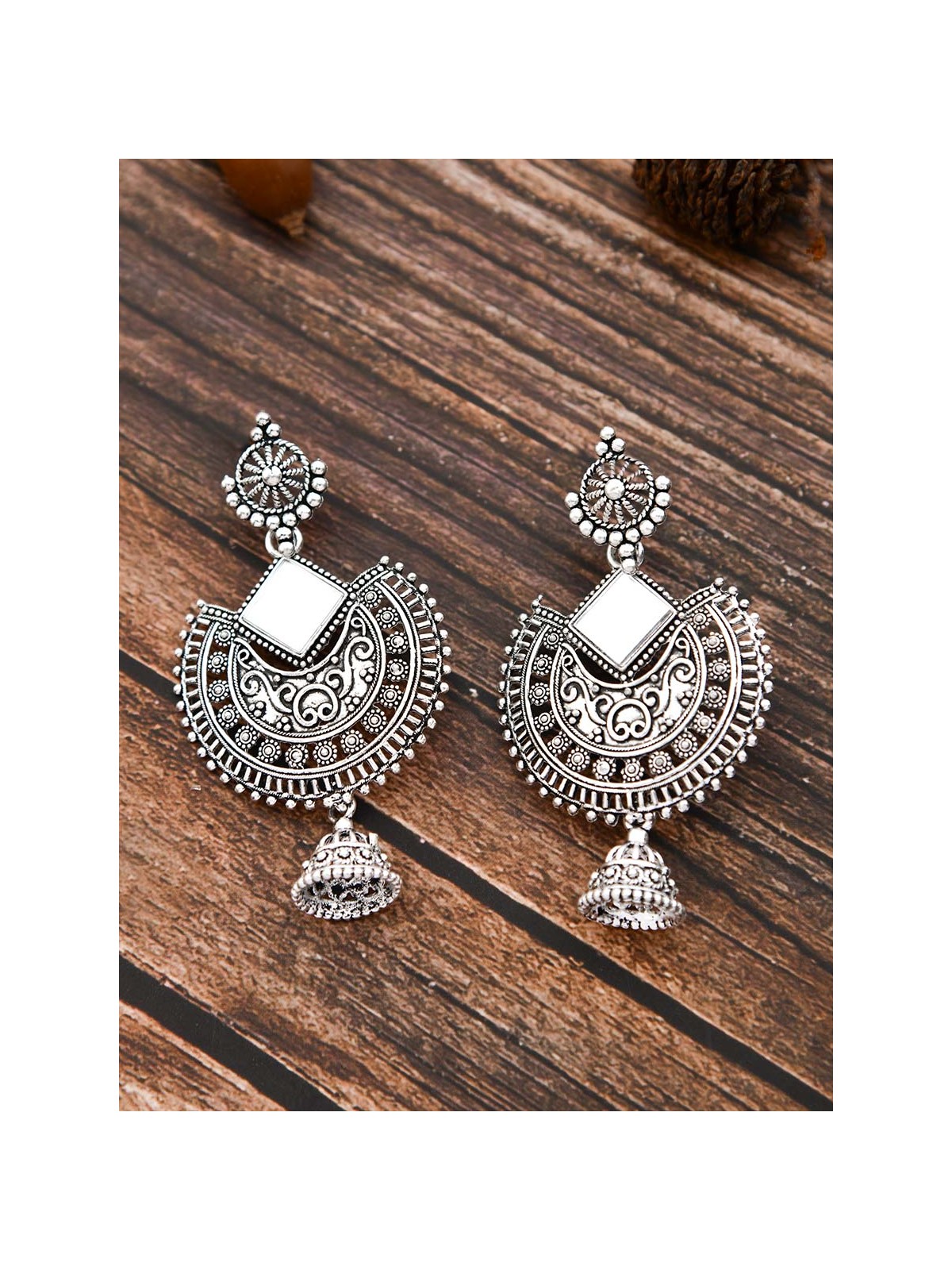 The Intricate Motif Mirror Work - Oxidised Boho Earrings