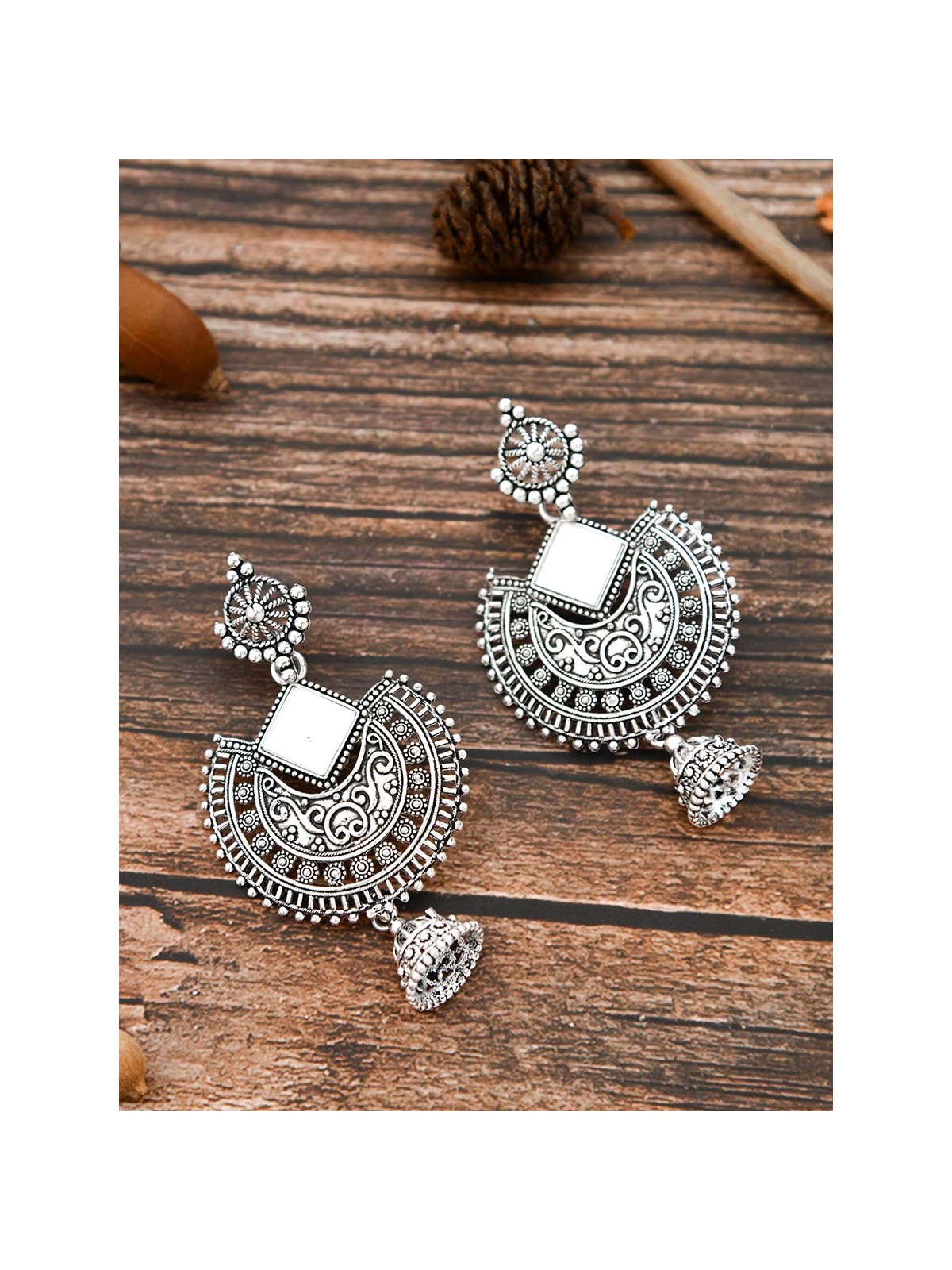 The Intricate Motif Mirror Work - Oxidised Boho Earrings