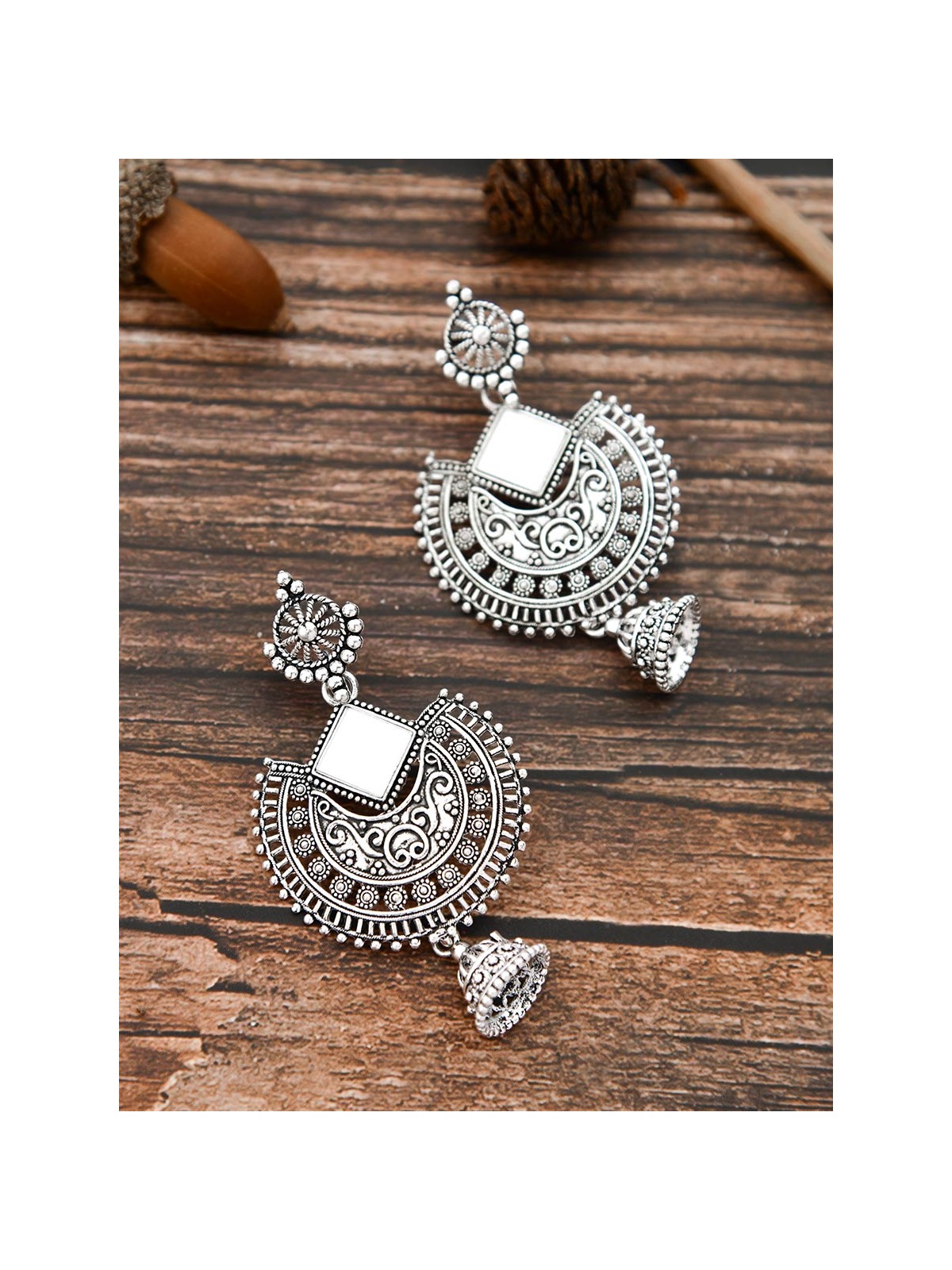 The Intricate Motif Mirror Work - Oxidised Boho Earrings